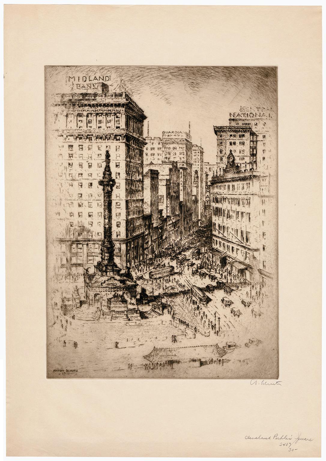 'Cleveland Public Square' — 1920s Urban Realism - Print by Anton Schutz