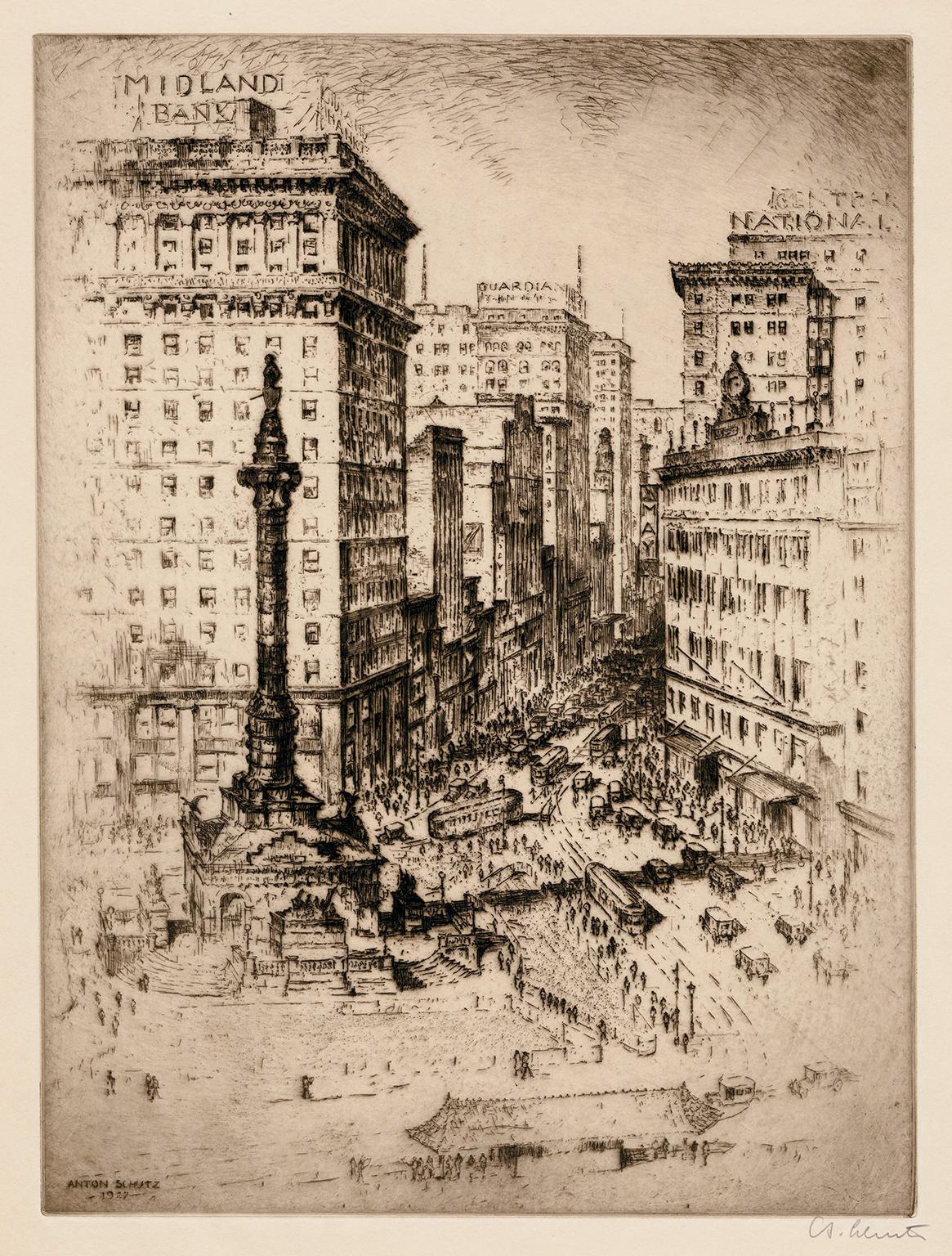 Anton Schutz Landscape Print - 'Cleveland Public Square' — 1920s Urban Realism