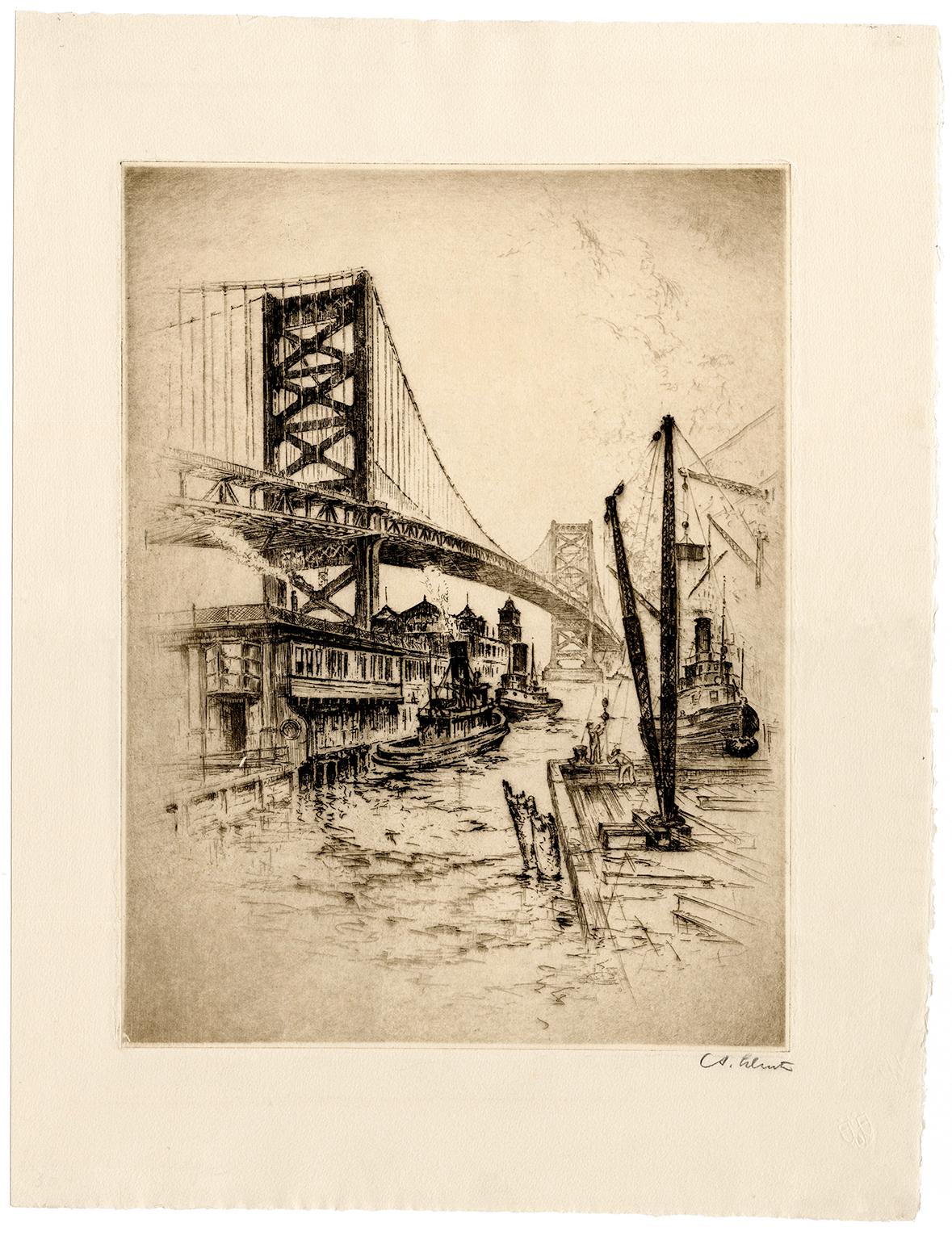 'Delaware River Bridge' — 1920s Realism - Print by Anton Schutz