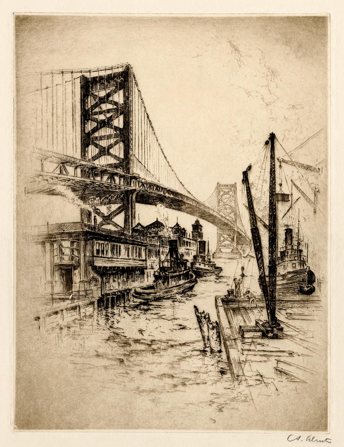 Figurative Print di Anton Schutz - Ponte sul fiume Delaware' - Regionalismo medio-atlantico
