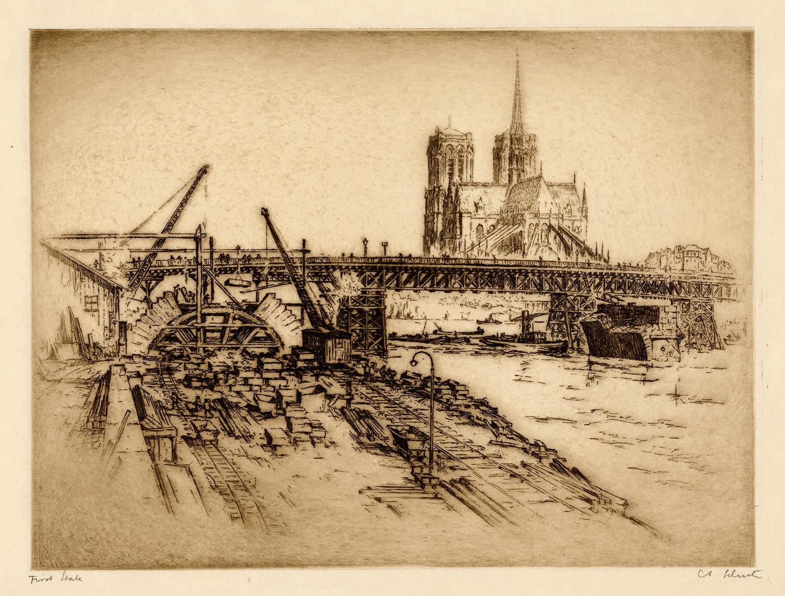 Anton Schutz Figurative Print – L' Abside de Notre Dame" - Paris der 1920er Jahre, Realismus