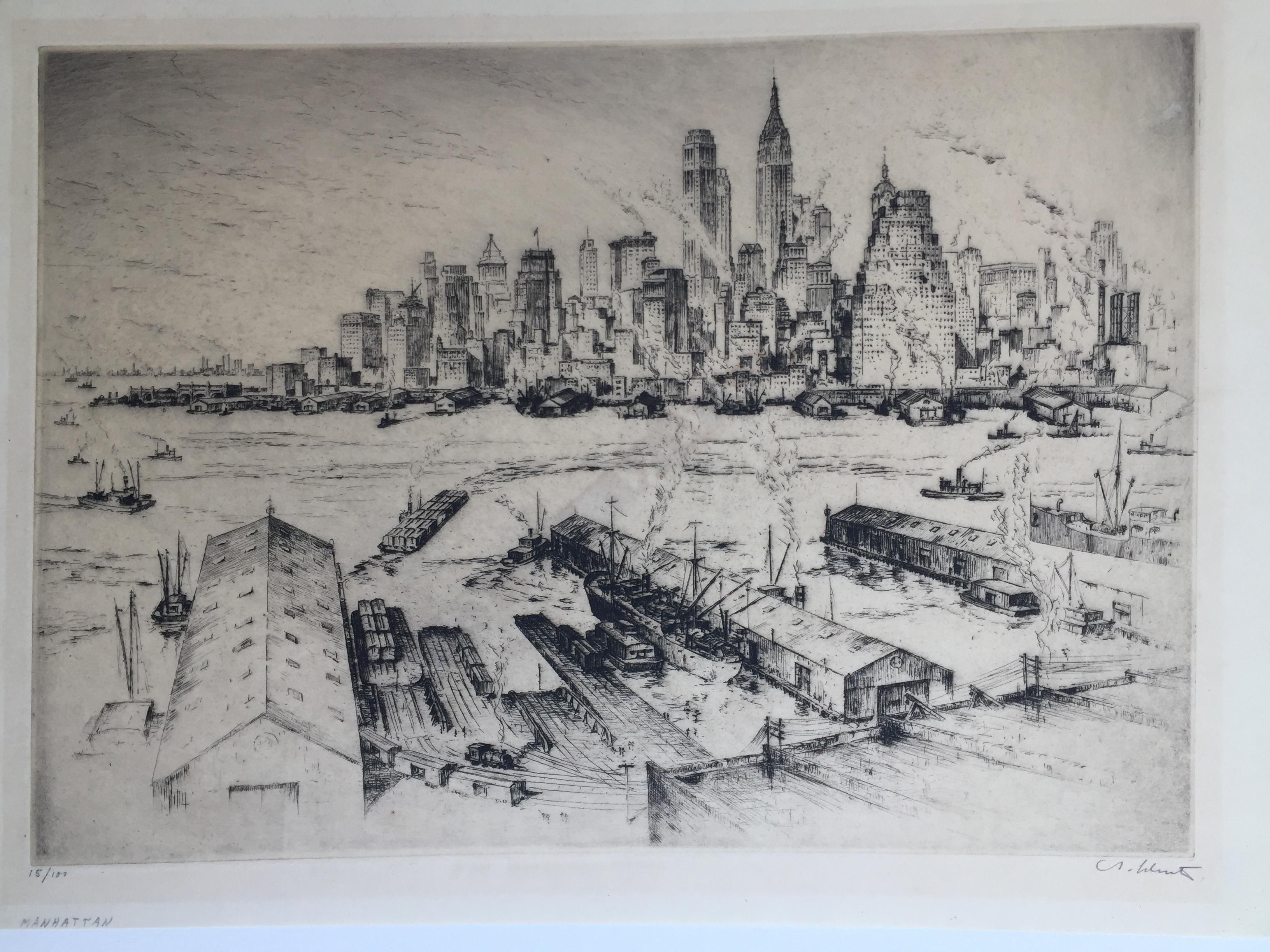 ANTON SCHUTZ

MANHATTAN c 1940 
Etching, signed in pencil, edition 100, no. 15/100. On thin simili-japan paper. Very slight toning around plate mark. Remnants of old tape on verso, small scuff in upper sky, otherwise good.  Nice view of New York.