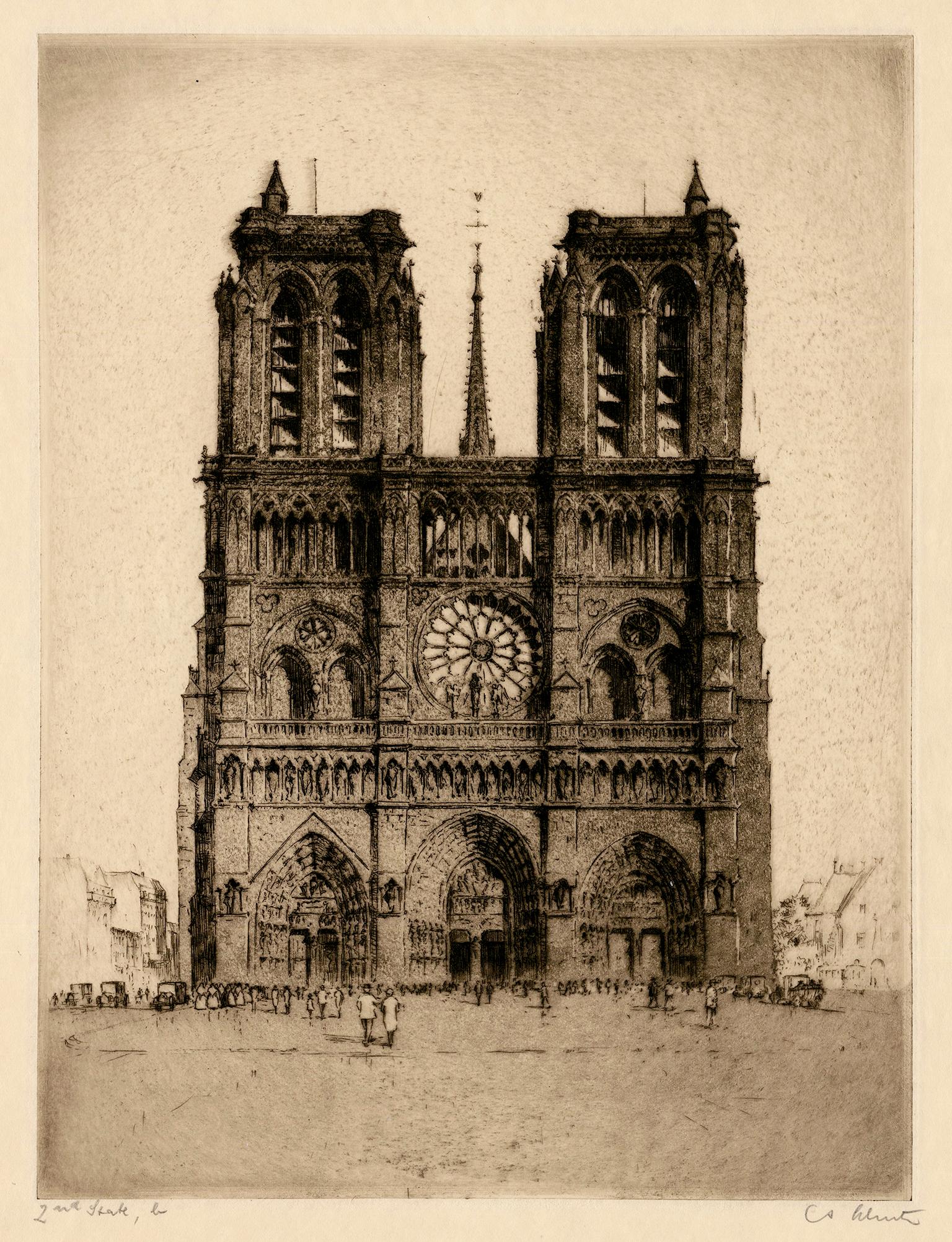 Figurative Print Anton Schutz - Notre Dame, Paris" - Réalisme des années 1920