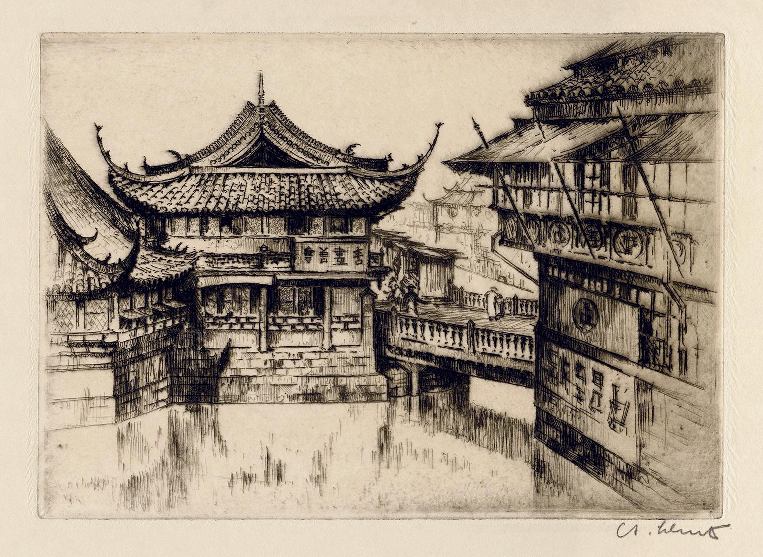 Anton Schutz Landscape Print - 'Old Shanghai' — 1920s Realism