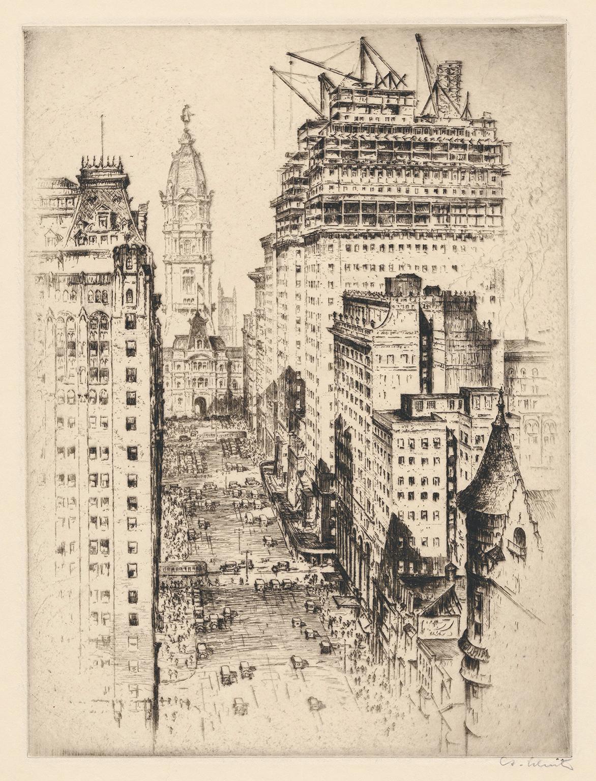 Anton Schutz Landscape Print – Philadelphia, Broad Street" - Realismus der 1920er Jahre