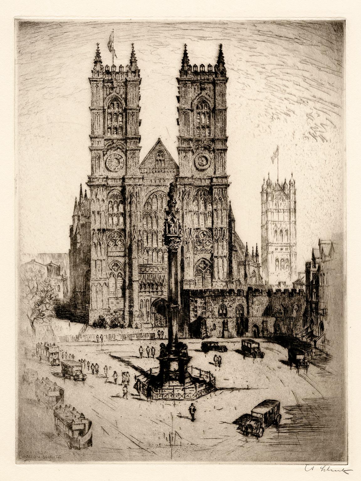Anton Schutz Landscape Print - 'Westminster Abbey' — 1920s Realism