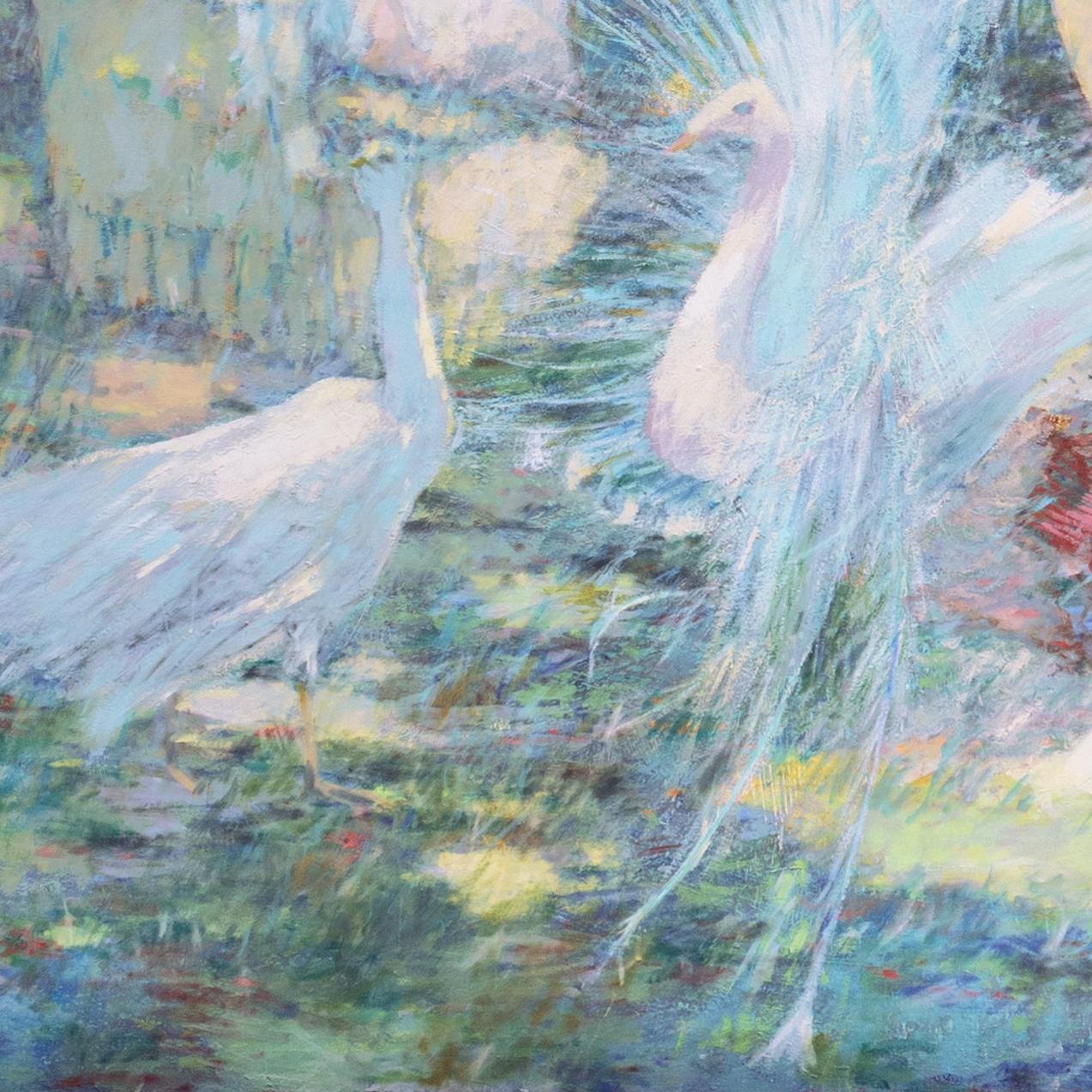 Signed lower right, 'Anton Sipos' (Bosnian-American, born 1938) and dated 1974.

A substantial Impressionist oil painting showing two young women relaxing in a sunny garden with a peacock and a peahen.

Born in Bosnia, Anton Sipos began drawing at