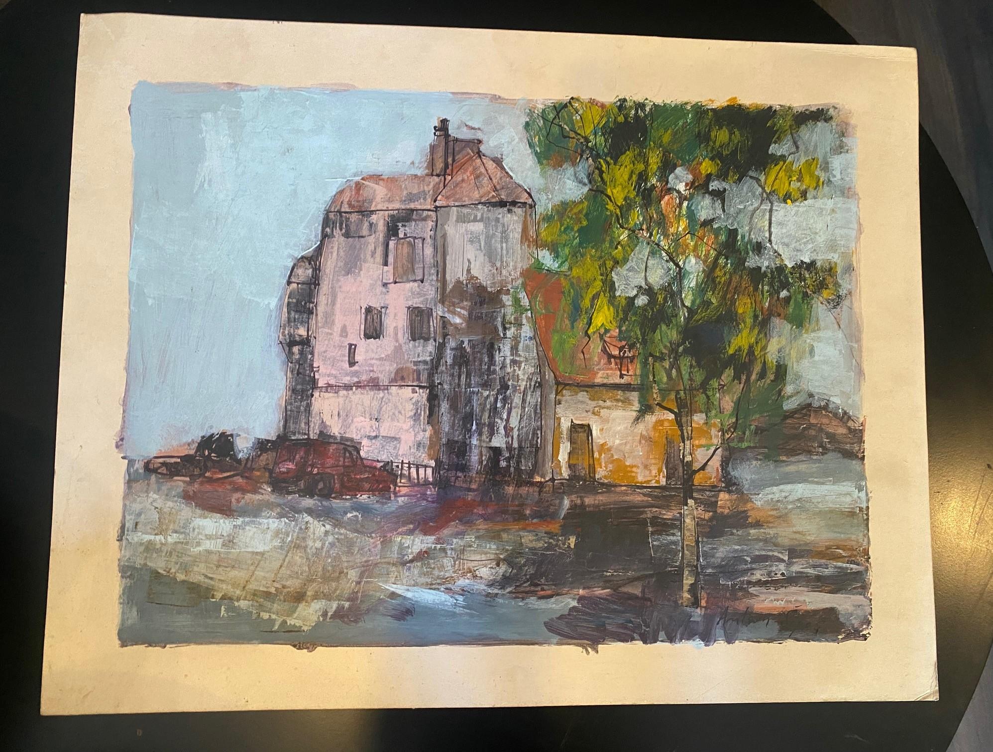 A beautiful and quite engaging original oil painting by Bosnian/Yugoslavian/American (California) artist Anton (Antone) Sipos (1938) featuring a rural house landscape with a striking, slightly expressionist composition and bright, vivid colors (note