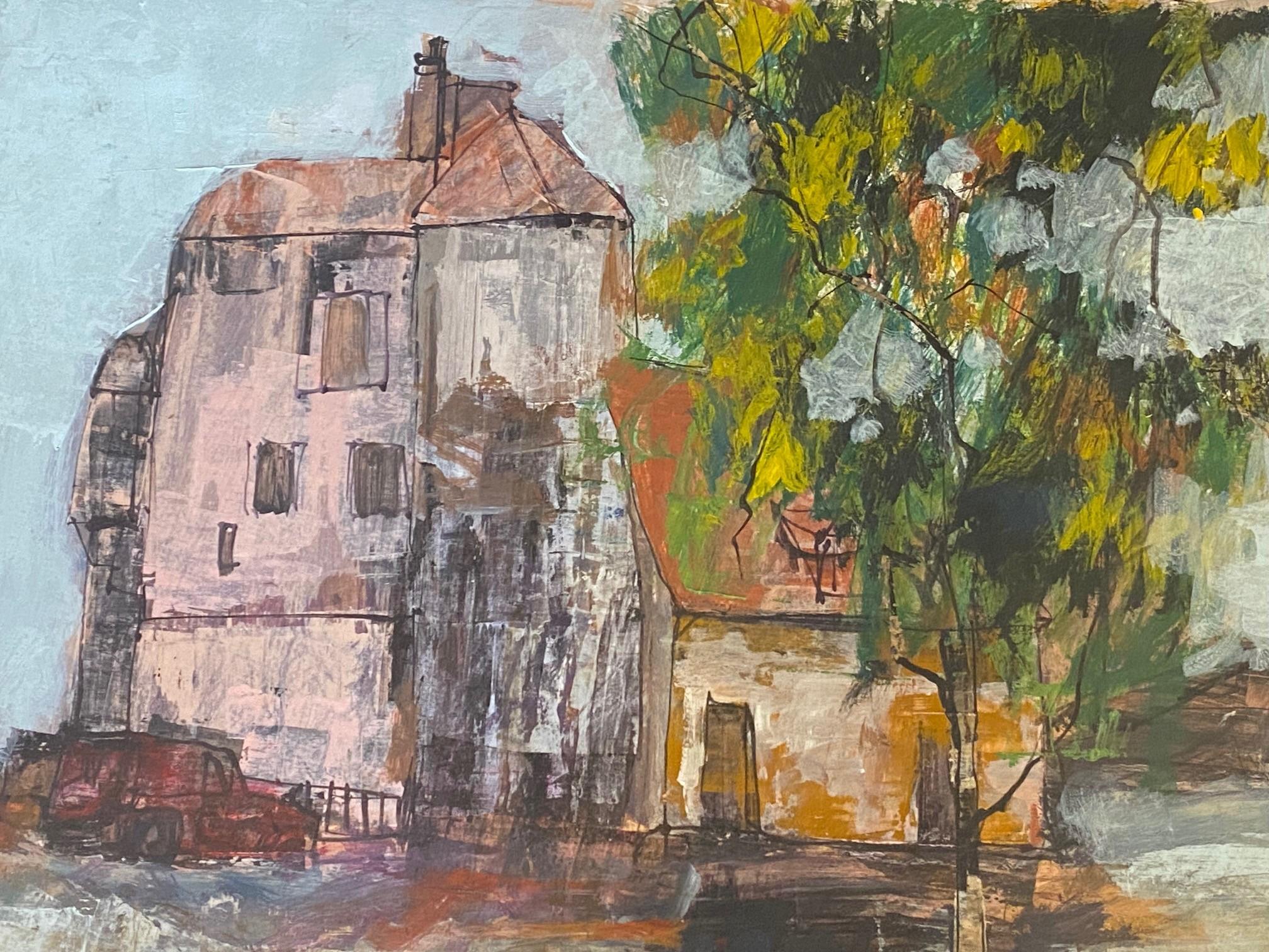 American Anton Sipos Signed Original Mid-Century Modern Landscape with House Oil Painting For Sale