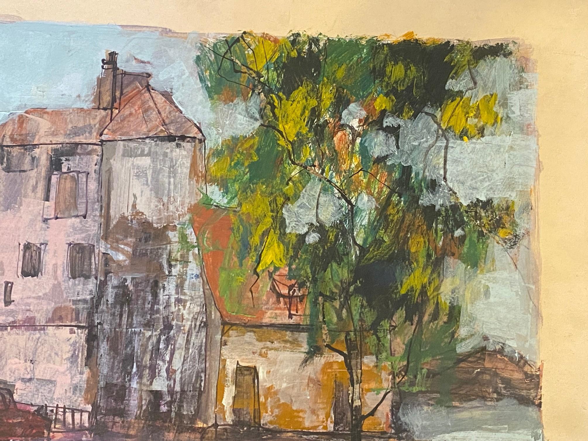 Hand-Painted Anton Sipos Signed Original Mid-Century Modern Landscape with House Oil Painting For Sale