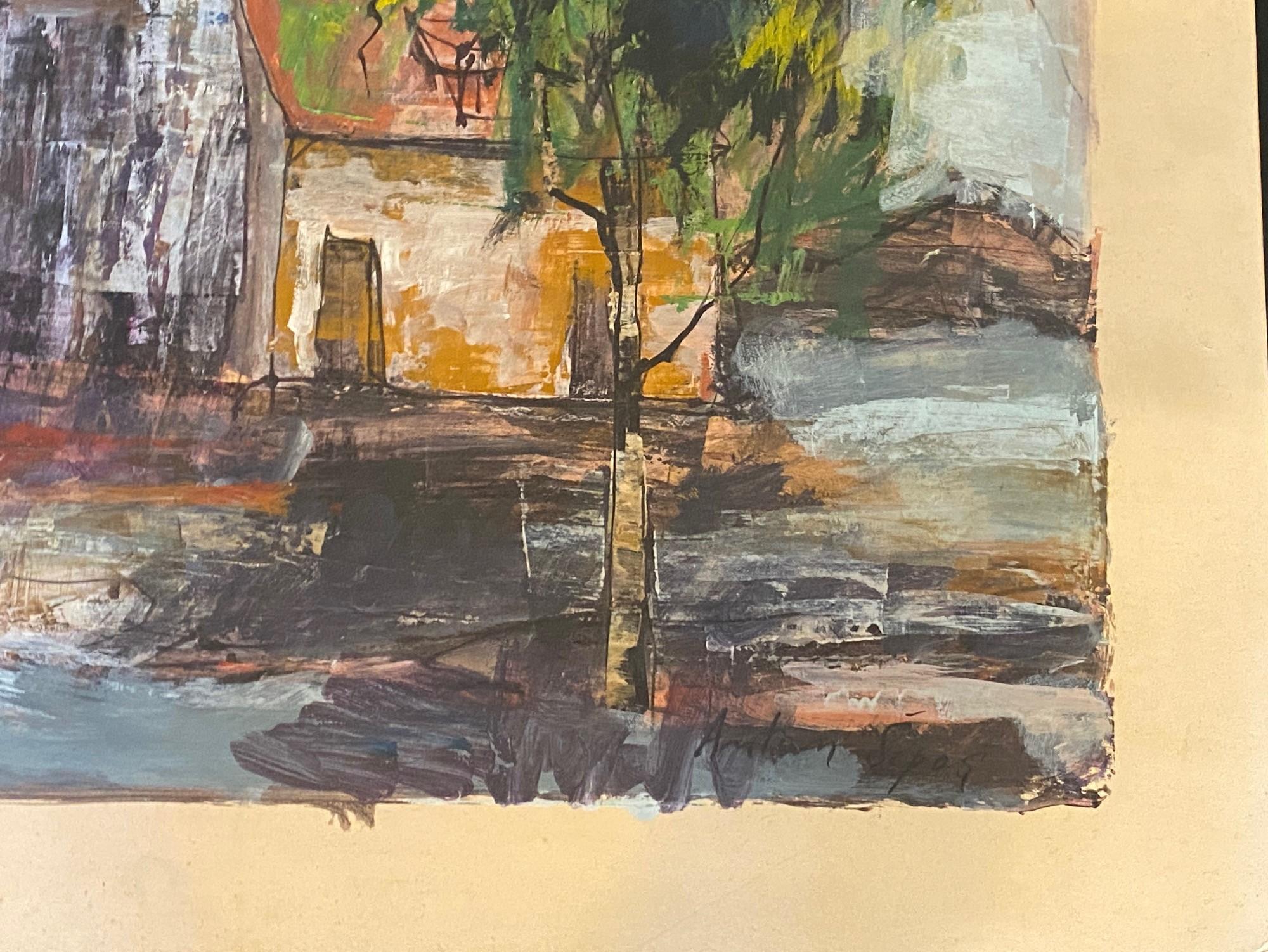 Anton Sipos Signed Original Mid-Century Modern Landscape with House Oil Painting In Good Condition For Sale In Studio City, CA