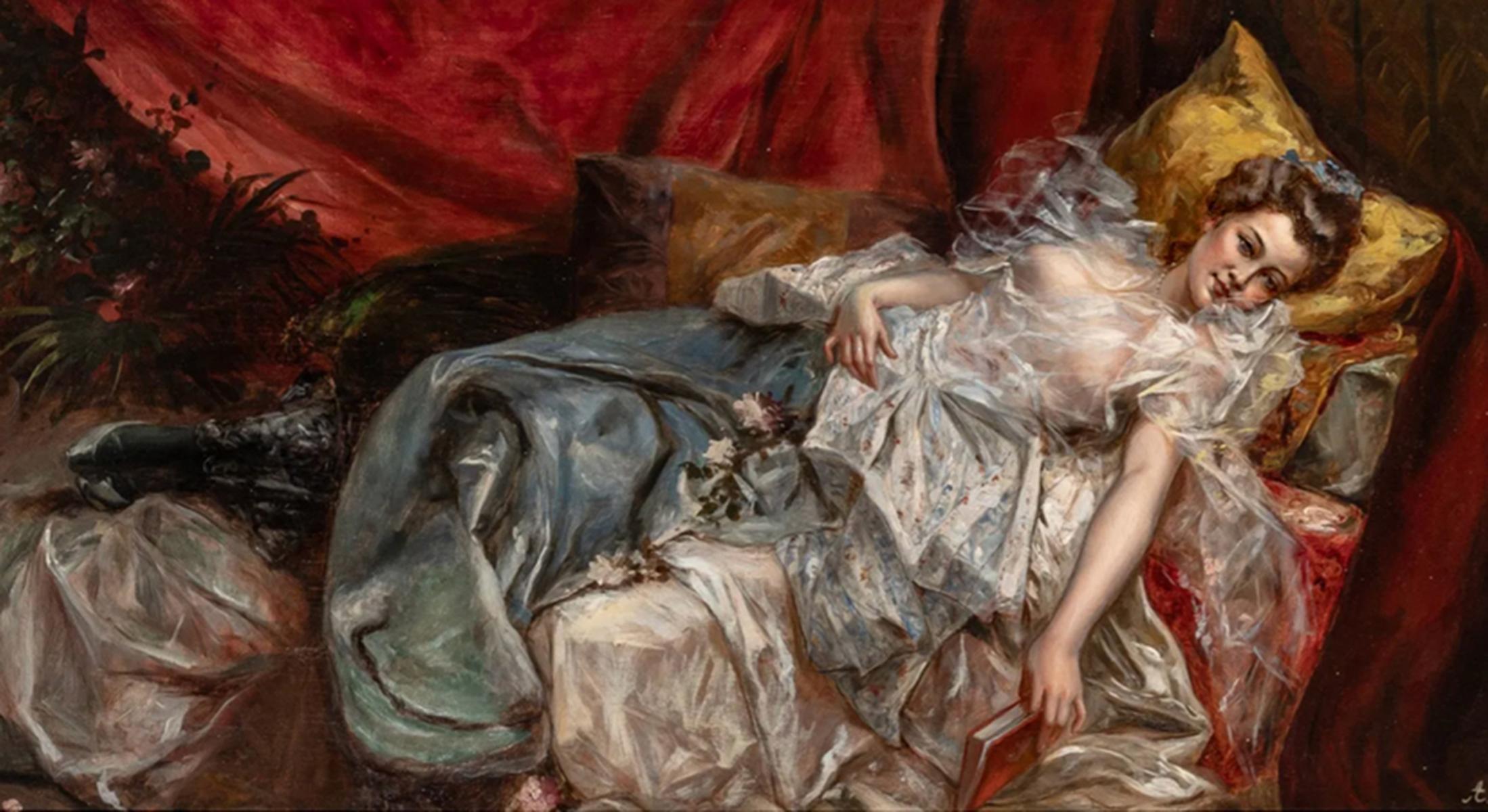 Donna in posa di Anton Telser (Austria, 1861-1942)

Uno splendido ritratto di donna reclinata 

Firmato A. Telser (lr)
Olio su tela
25 x 50 pollici (63,5 x 127 cm)

(Incorniciato 33 x 58 pollici)
