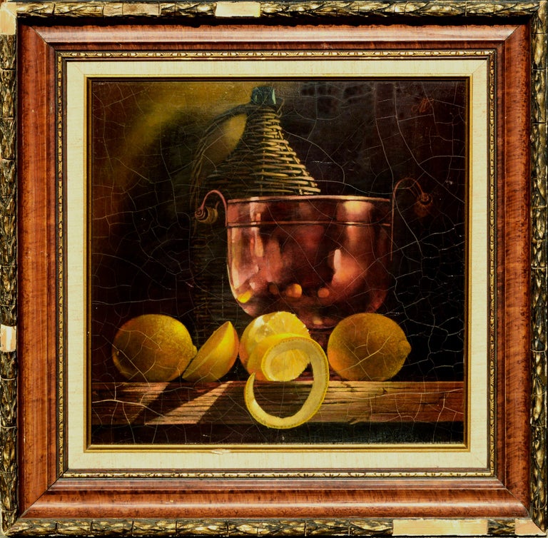 Realistic still life of a reflective copper bowl and lemons with a spiraling peeled rind by San Francisco artist Anton Van Dalen (Dutch, b.1927). Signed with the monogram 