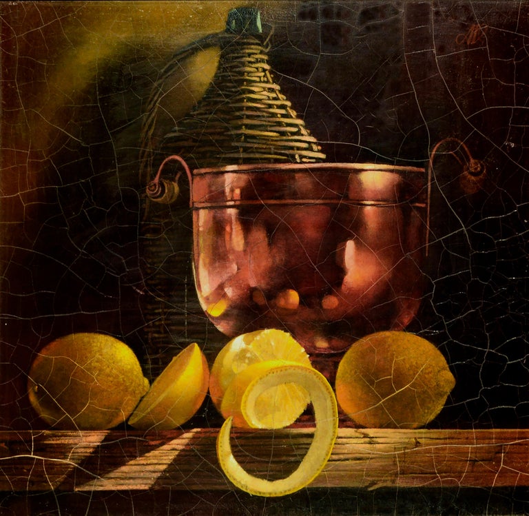 Anton van Dalen Interior Painting - Mid Century Lemons & Copper Bowl Still Life 