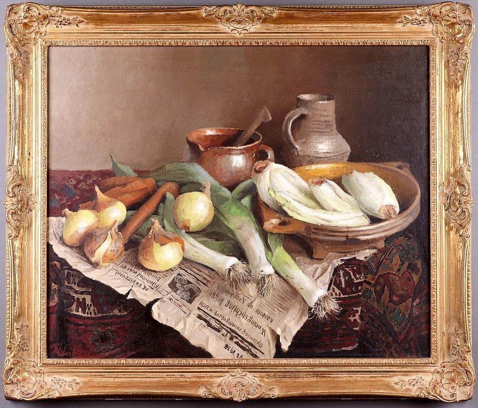Gemüse auf einem Tisch - Großes holländisches Stilleben Öl auf Leinwand Gemälde