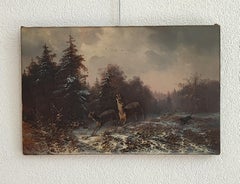 Two Hinds on the Run in the Snow, 19th Century Oil on Canvas