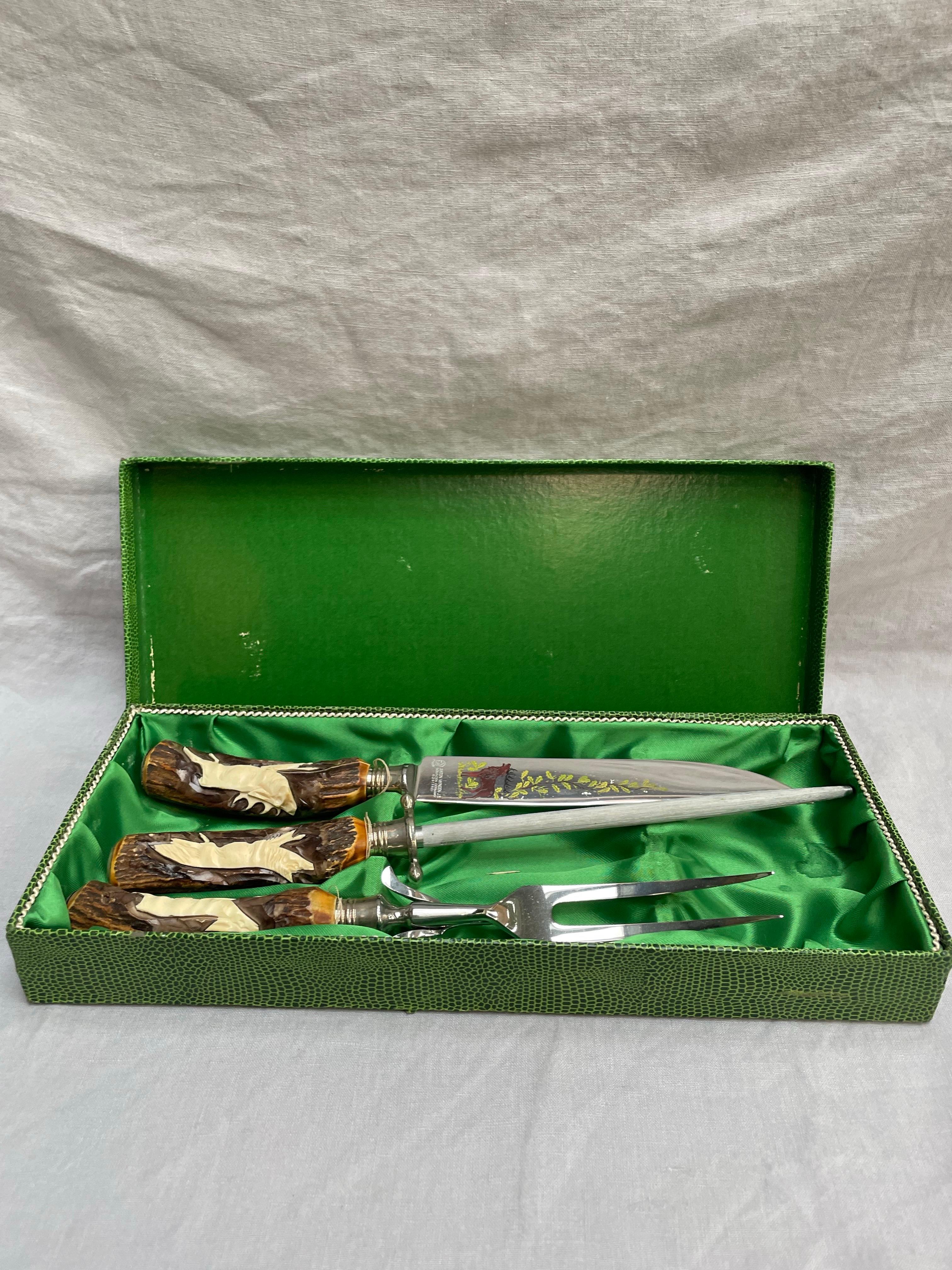 20th Century Anton Wingen Jr. “Othello” Stag Antler Carving Set in Original Case, Germany For Sale
