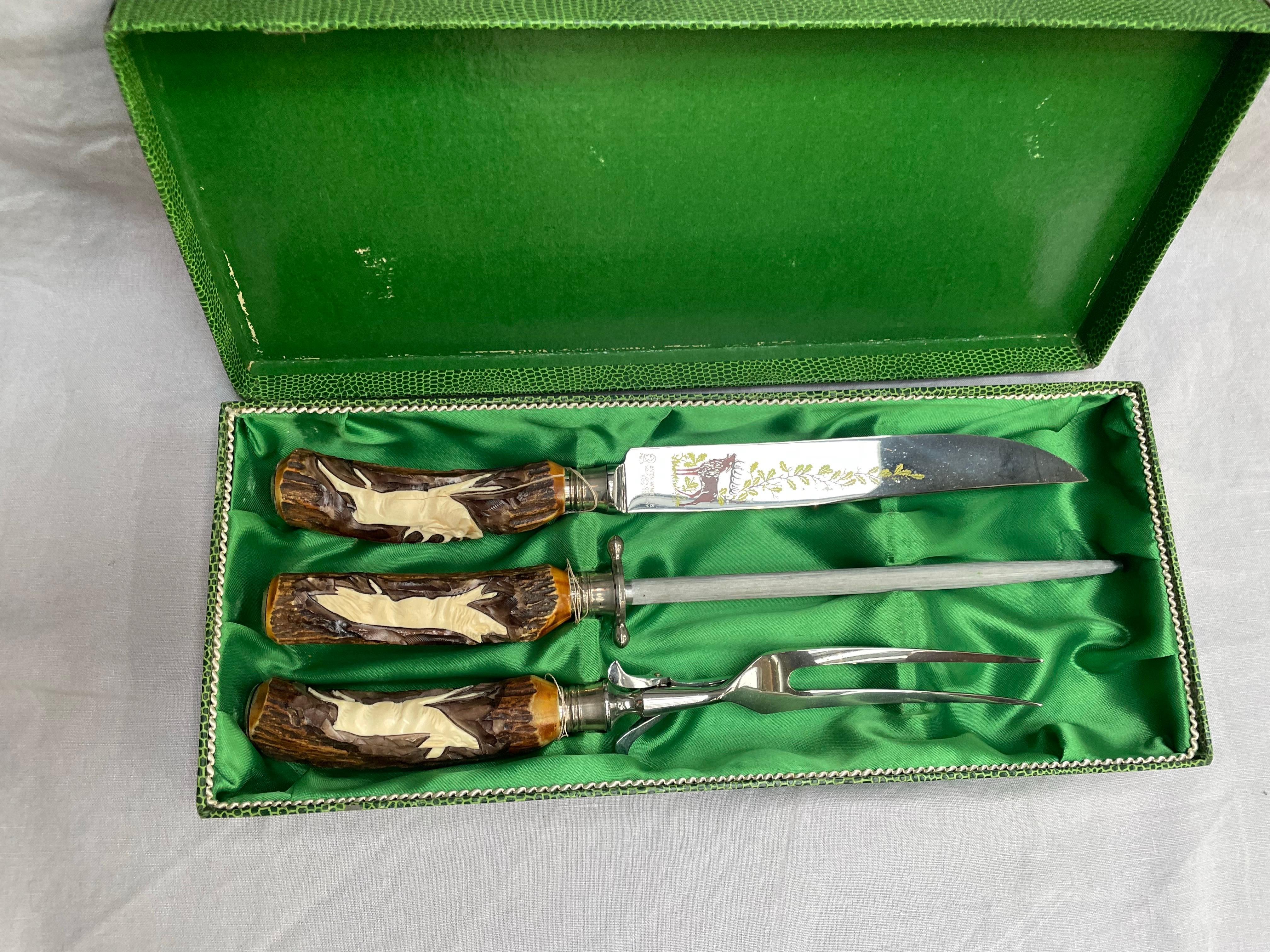 Anton Wingen Jr. “Othello” Stag Antler Carving Set in Original Case, Germany For Sale 1