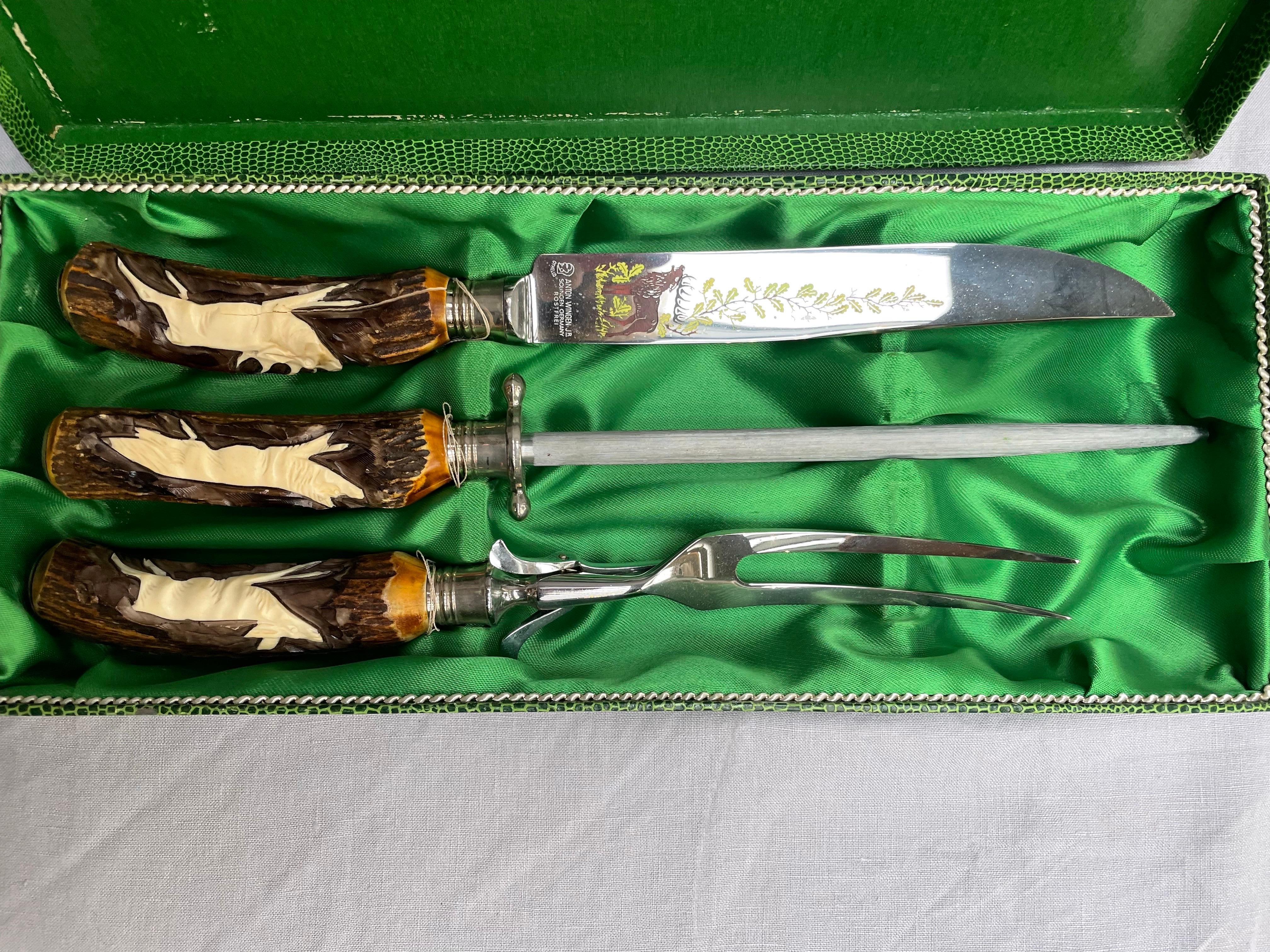 Anton Wingen Jr. “Othello” Stag Antler Carving Set in Original Case, Germany For Sale 2