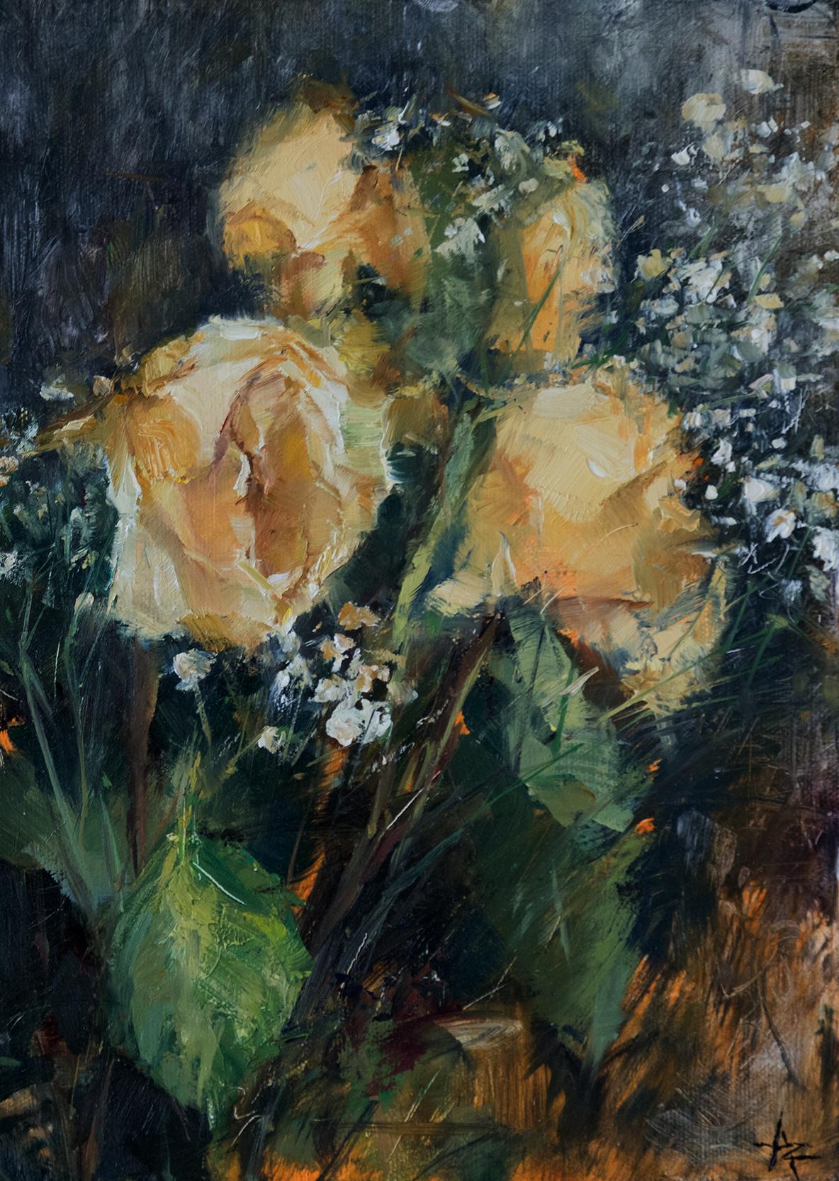 Gelbe gelbe Rosen, Stillleben, Impressionismus, Klassisch, Akademie Florenz  Kunstwerke der Jahrhundertmitte (Amerikanischer Impressionismus), Painting, von Anton Zhou