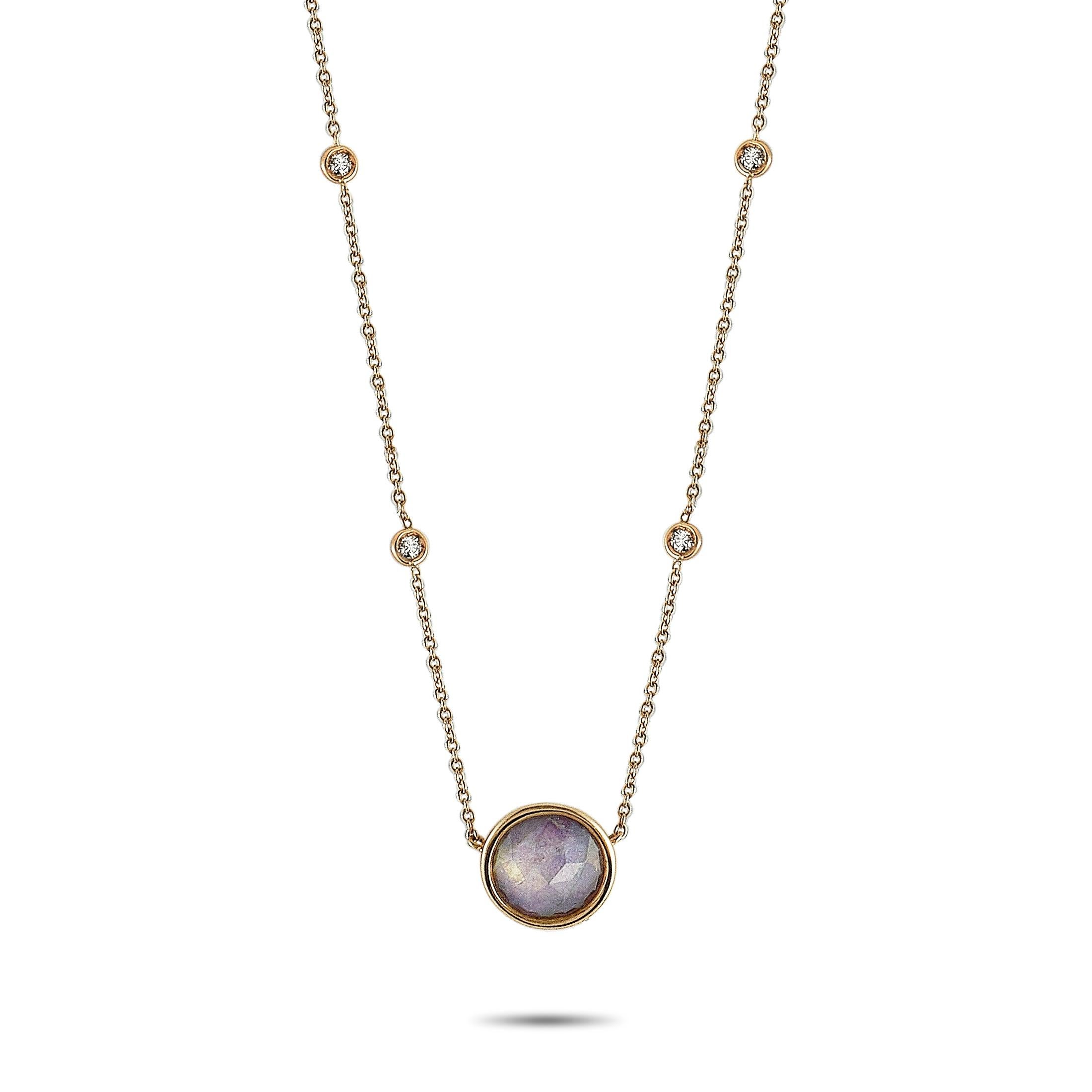 This Antonellis necklace is crafted from 18K rose gold and decorated with mother of pearl and a total of 0.13 carats of diamonds. The necklace weighs 5.2 grams and is presented with a 16” chain, boasting a 0.45” by 0.45” pendant.
 
 Offered in brand