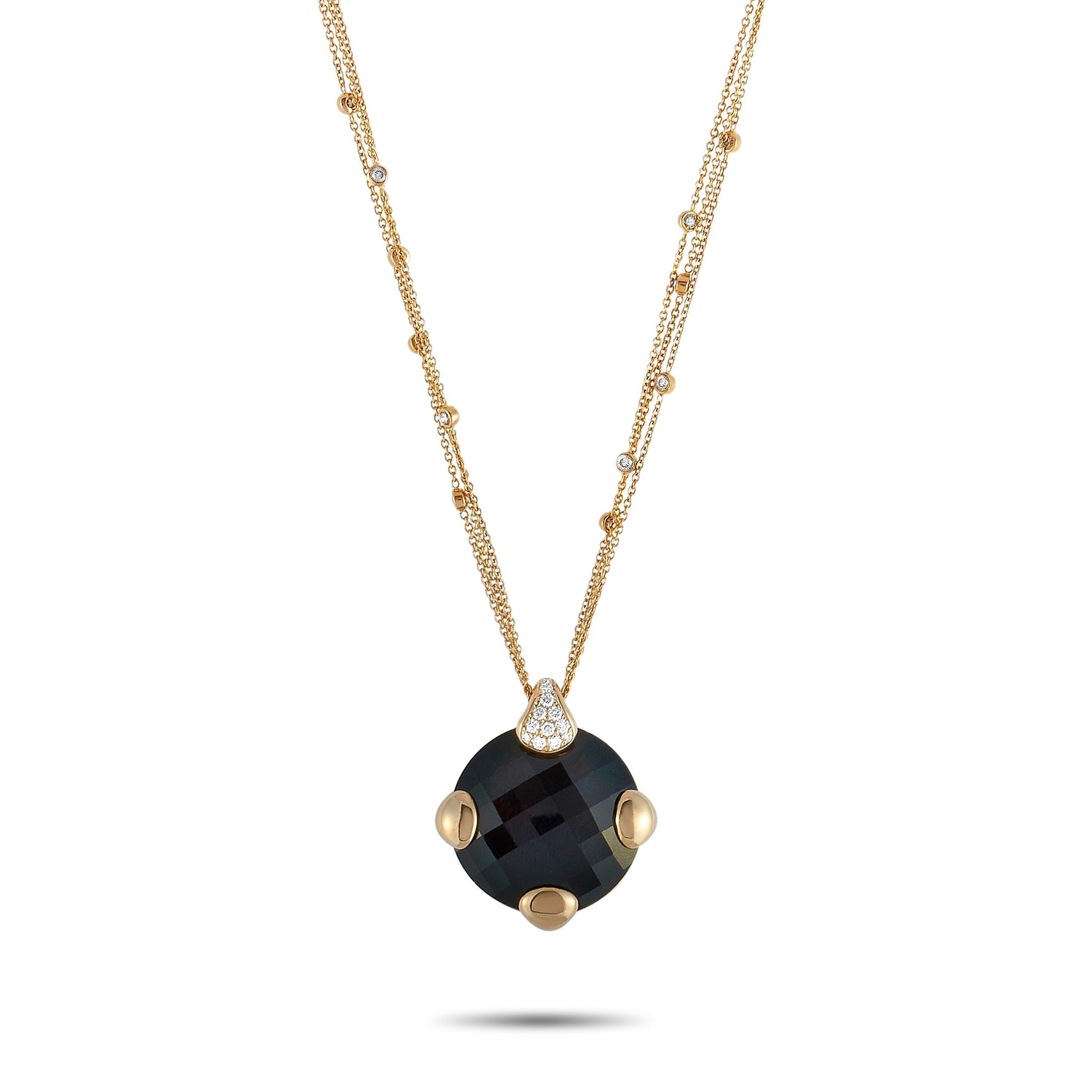 This Antonellis necklace is crafted from 18K rose gold and decorated with a brown gemstone and a total of 0.80 carats of diamonds. The necklace weighs 20.7 grams and is presented with a 17” chain, boasting a pendant that measures 1.25” in length and