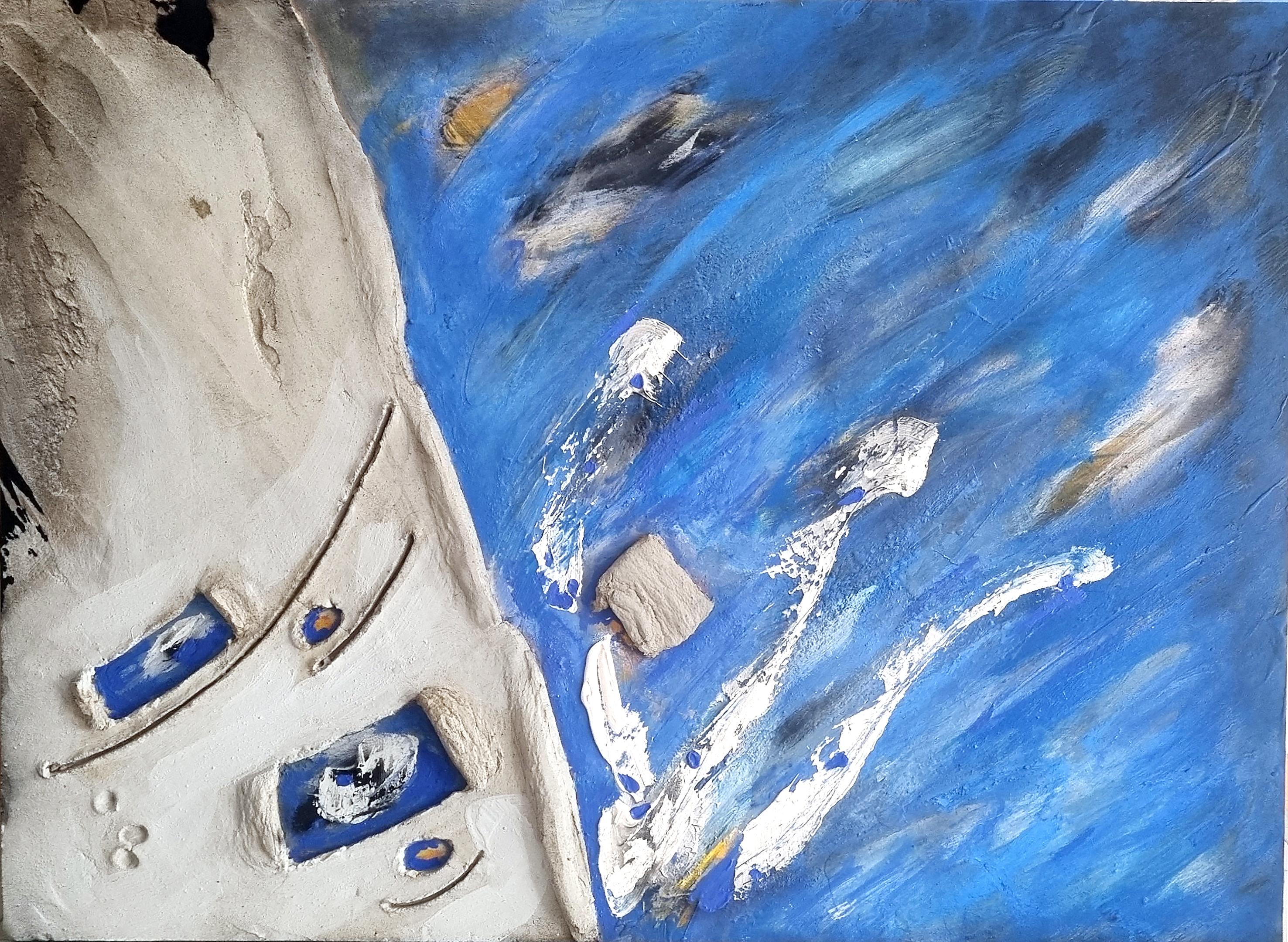 Antoni Amat Abstract Painting – "Echos in Blau", 2025, Gemischte Medien und Öl auf Leinwand, Abstrakte Malerei