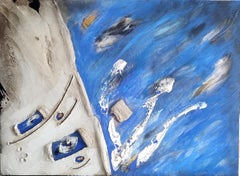 "Echos in Blau", 2025, Gemischte Medien und Öl auf Leinwand, Abstrakte Malerei