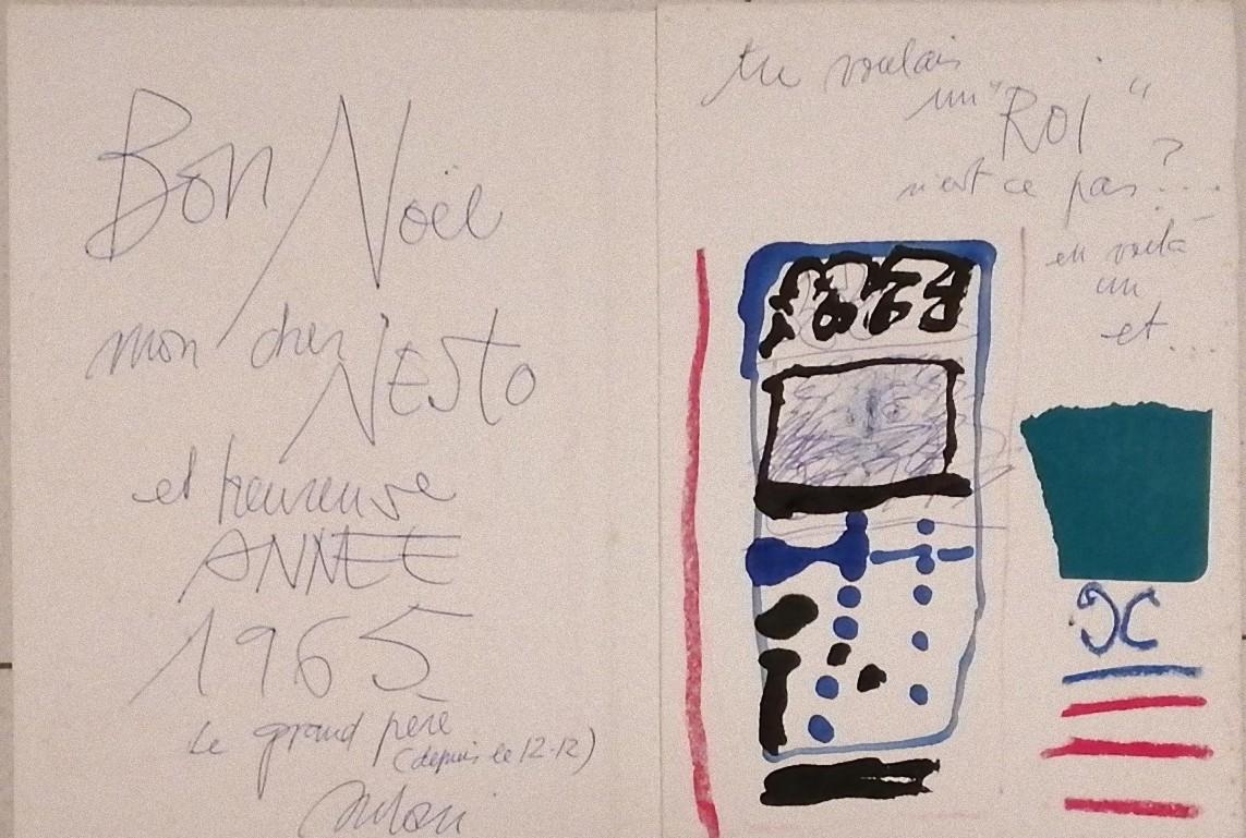 Bon Noel est une œuvre d'art moderne originale réalisée en 1963 par Antoni Clavé (1913 - 2005).

Médias mixtes originaux, stylo, marqueur et aquarelle.

Daté à l'intérieur. 

Excellentes conditions. 

Belle œuvre représentant un billet de Noël