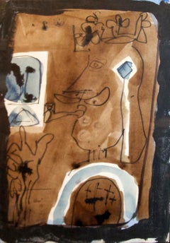 King with a pipe, Antoni Clavé, 1956, Olio on paper attached table