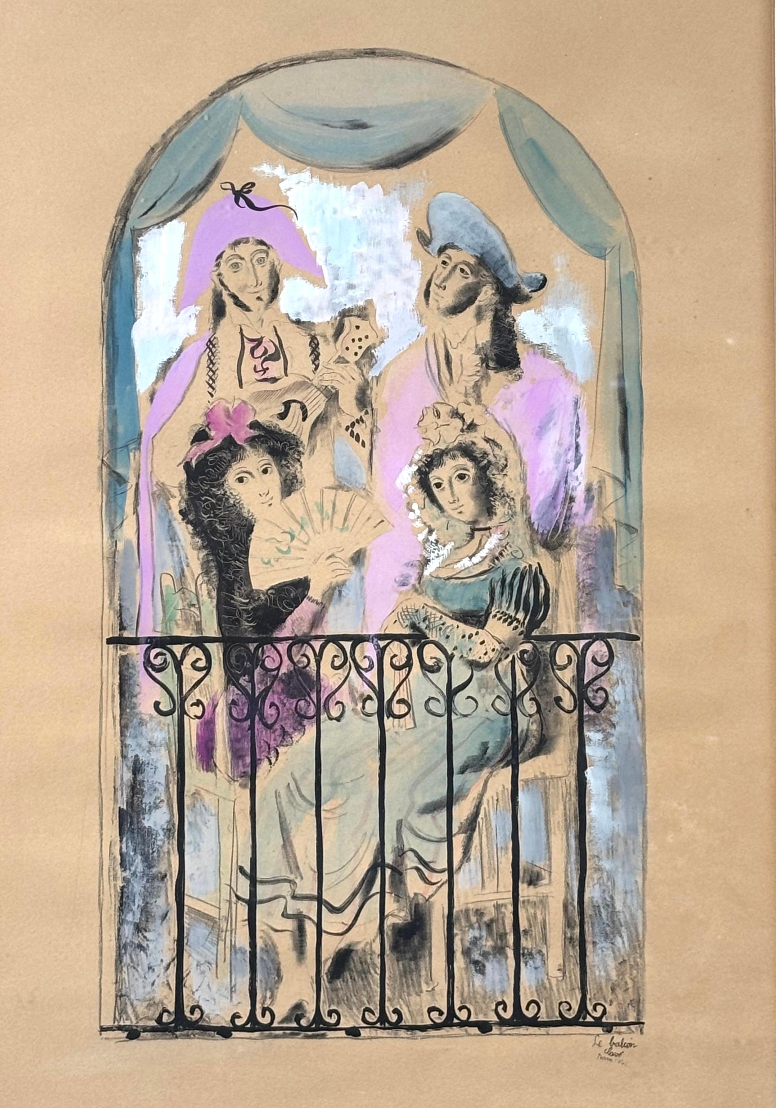 Le balcón - Litografia iluminada por el artista - 1942 - Painting by Antoni Clavé
