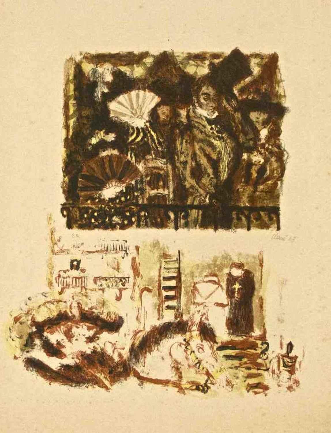 Nobleman und Figuren in Landschaft – Originallithographie von A. Clav – 1943