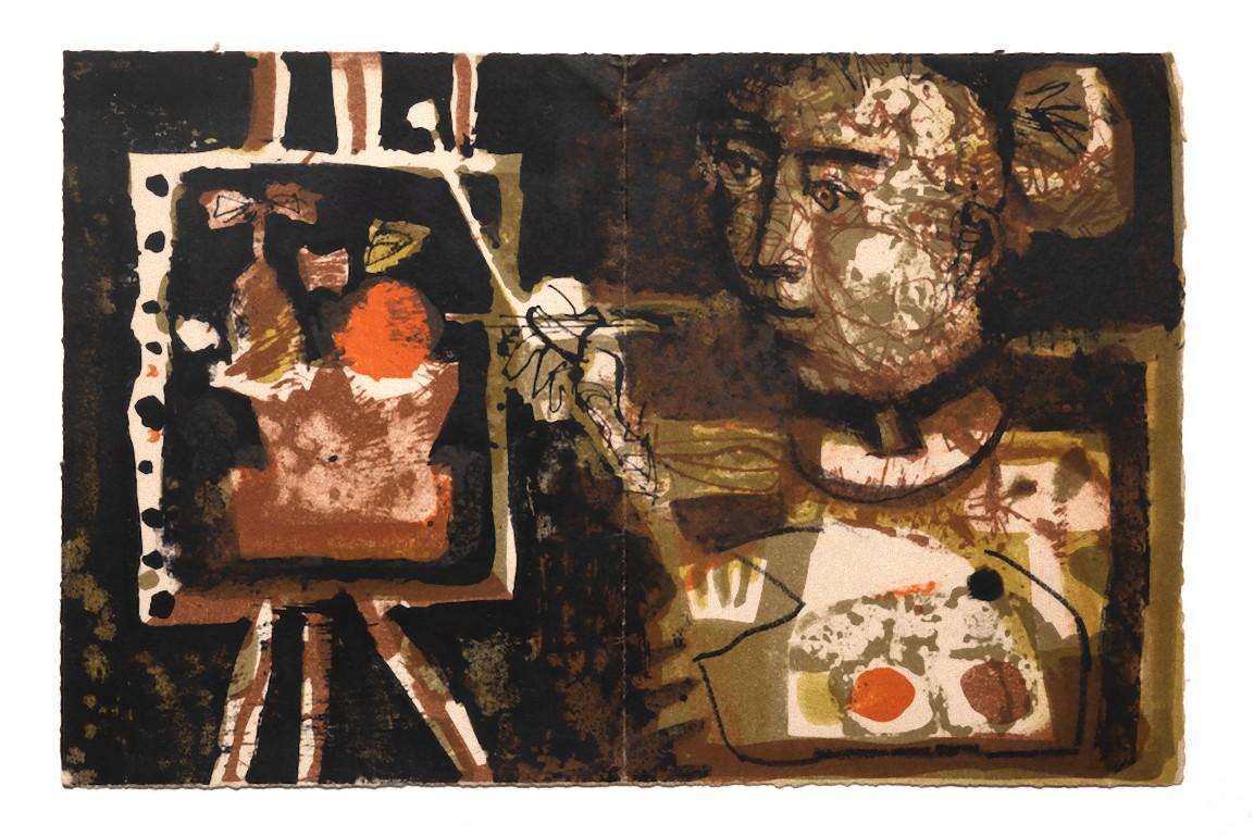 Le Peintre est une lithographie originale réalisée par l'artiste Antoni Clavè en 1954.

L'œuvre d'art vieillie et pliée au milieu présente le tableau de l'artiste.

Non signé.

L'œuvre d'art est représentée habilement dans une composition bien