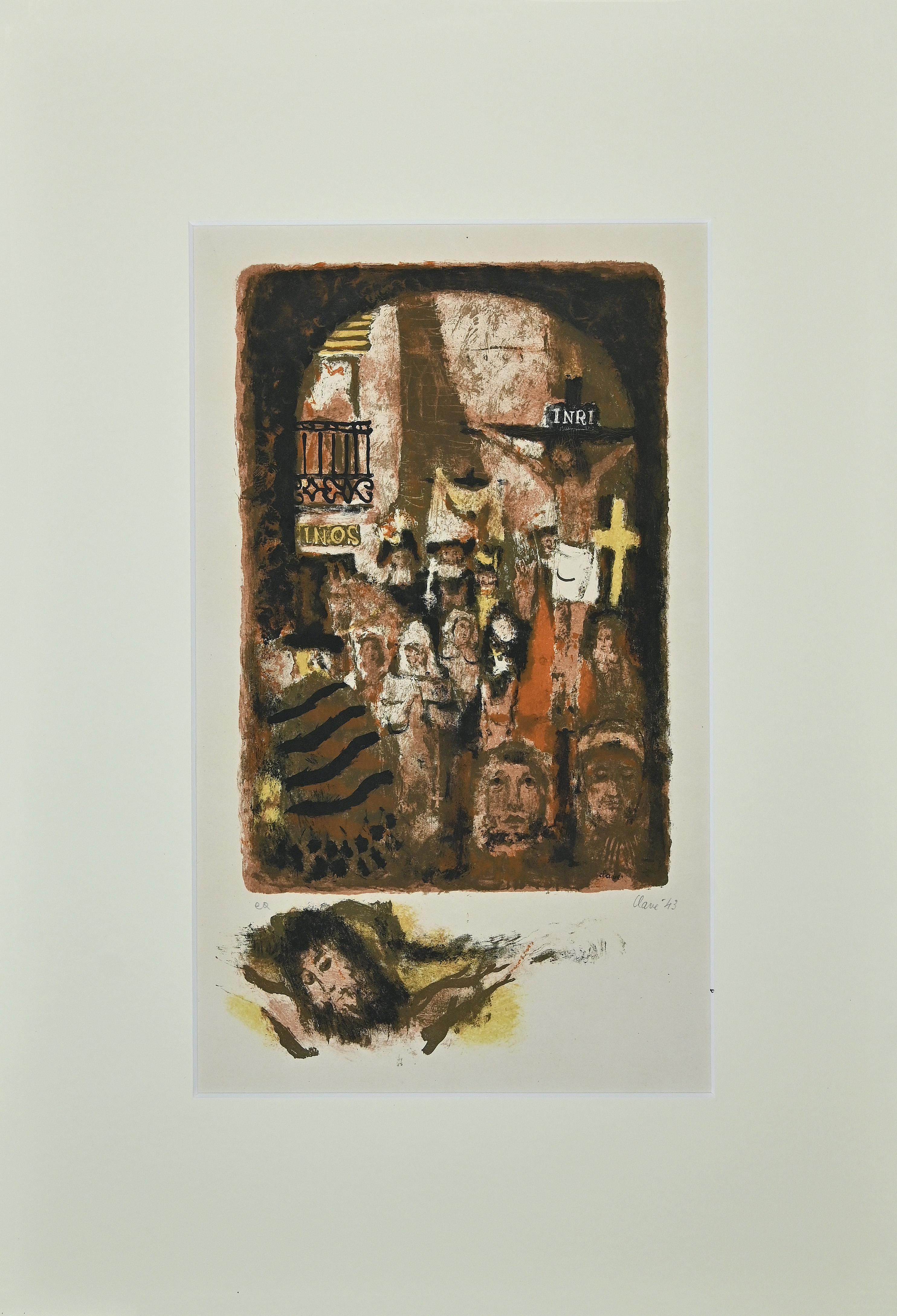 Originallithographie „Die Procession“ von Antoni Clav, 1943 – Print von Antoni Clavé