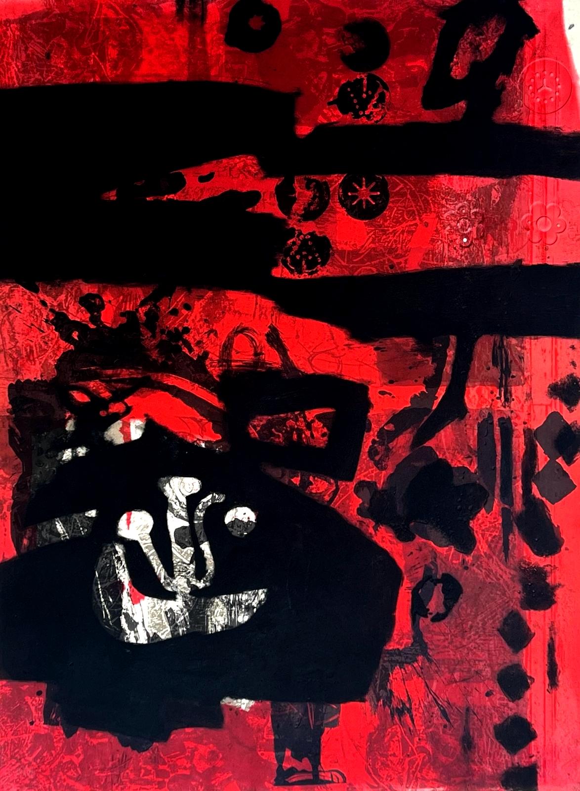 Antoni Clavé Abstract Print - Warrior with red background 