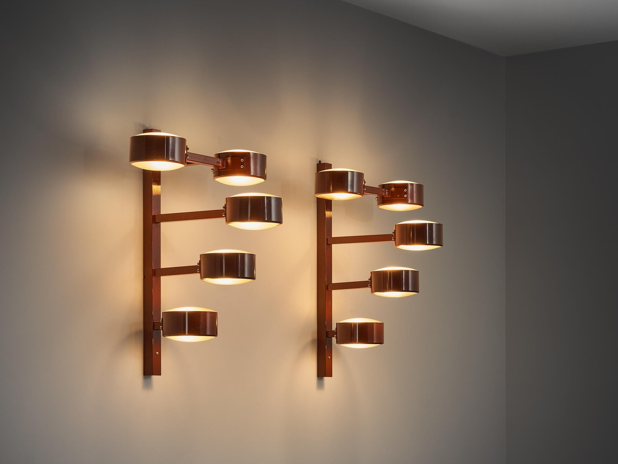 Antoni de Moragas i Gallissà for Polinax, pair of wall lights, coated iron, glass, Spain, 1970s

Antoni de Moragas i Gallissà (1913-1985) was the creator of these remarkable wall lights, primarily crafted for residential buildings in Spain. Notably,