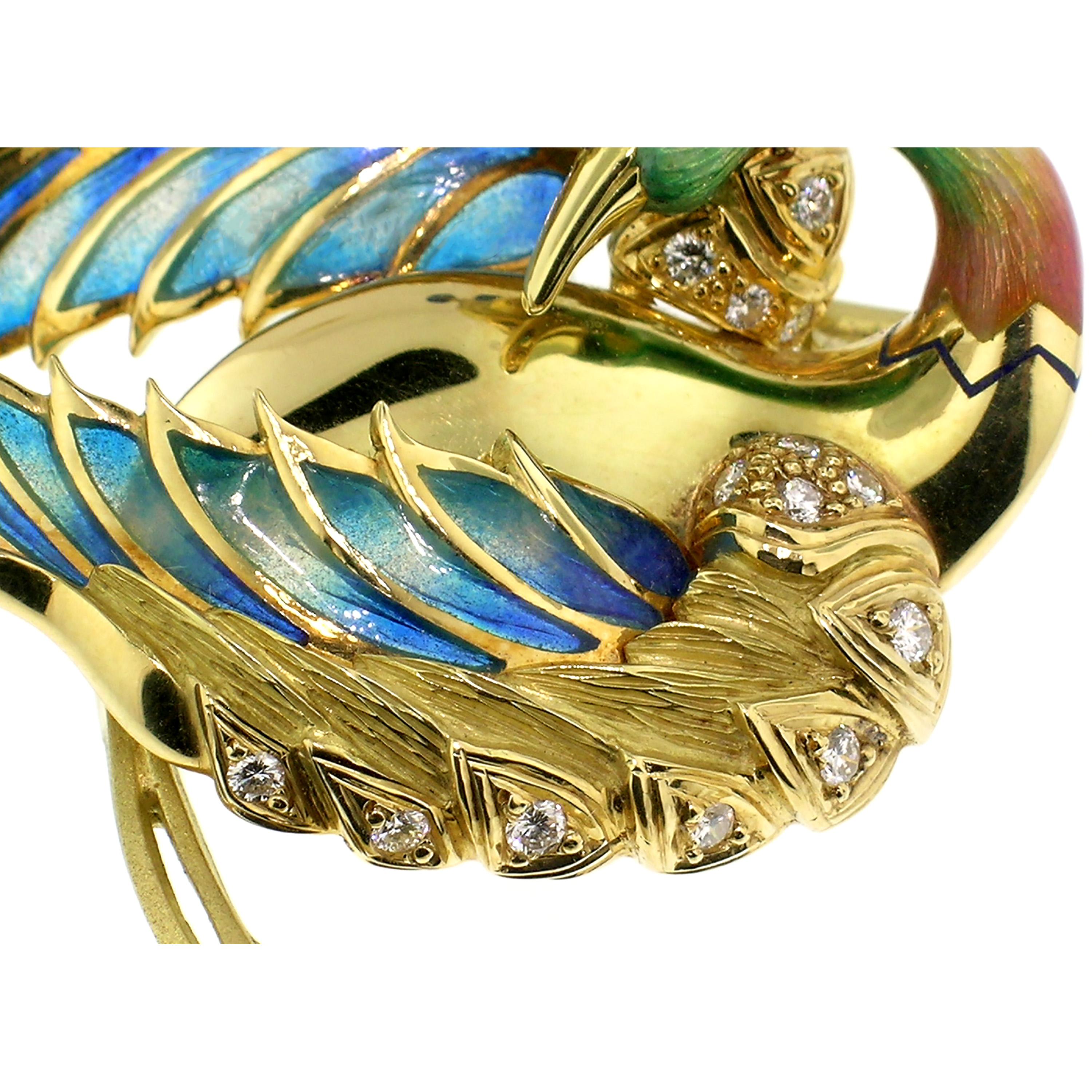 Contemporary Antoni Farré “Bird of Paradise” 18kt and Plique a Jour Brooch, Handmade in Spain