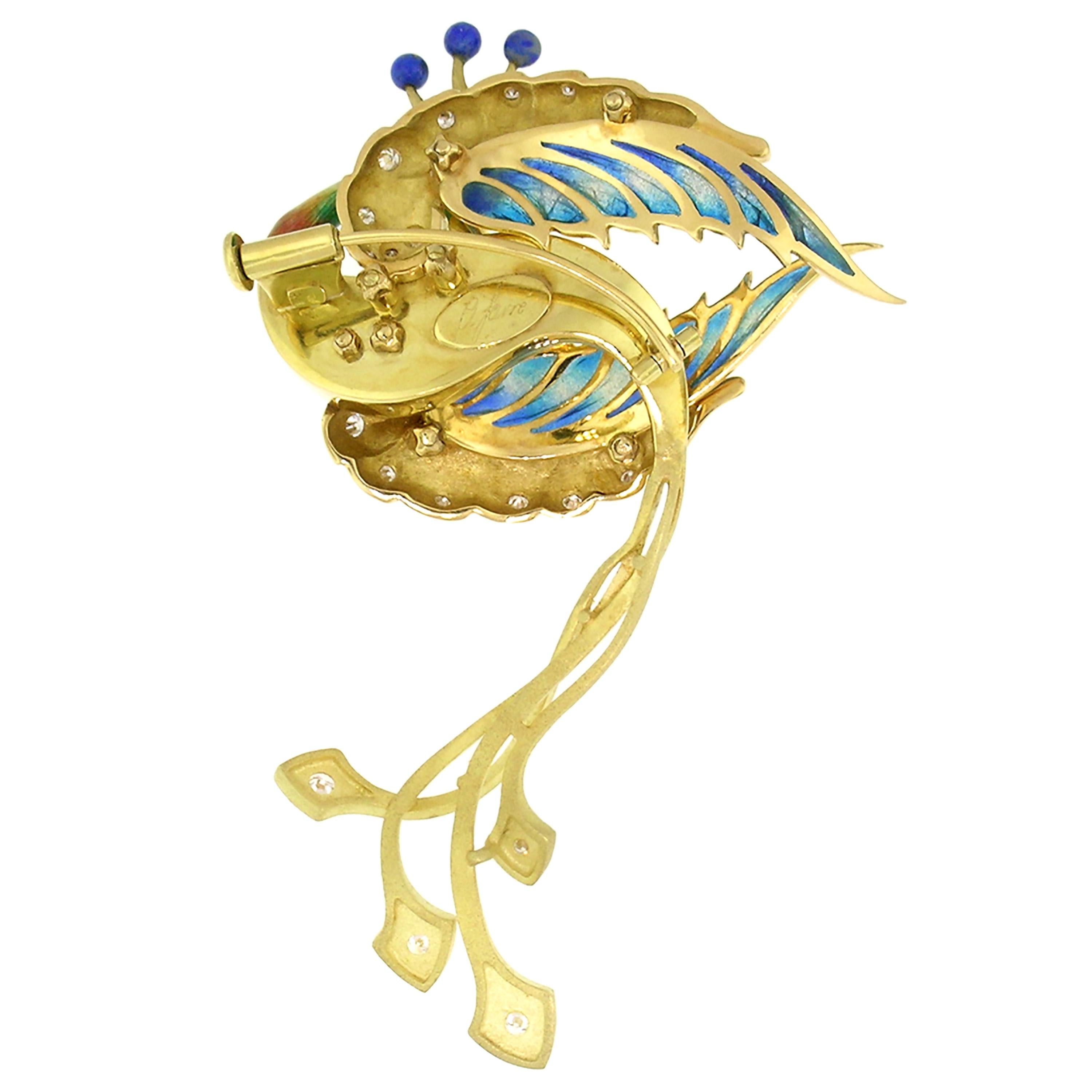 Round Cut Antoni Farré “Bird of Paradise” 18kt and Plique a Jour Brooch, Handmade in Spain