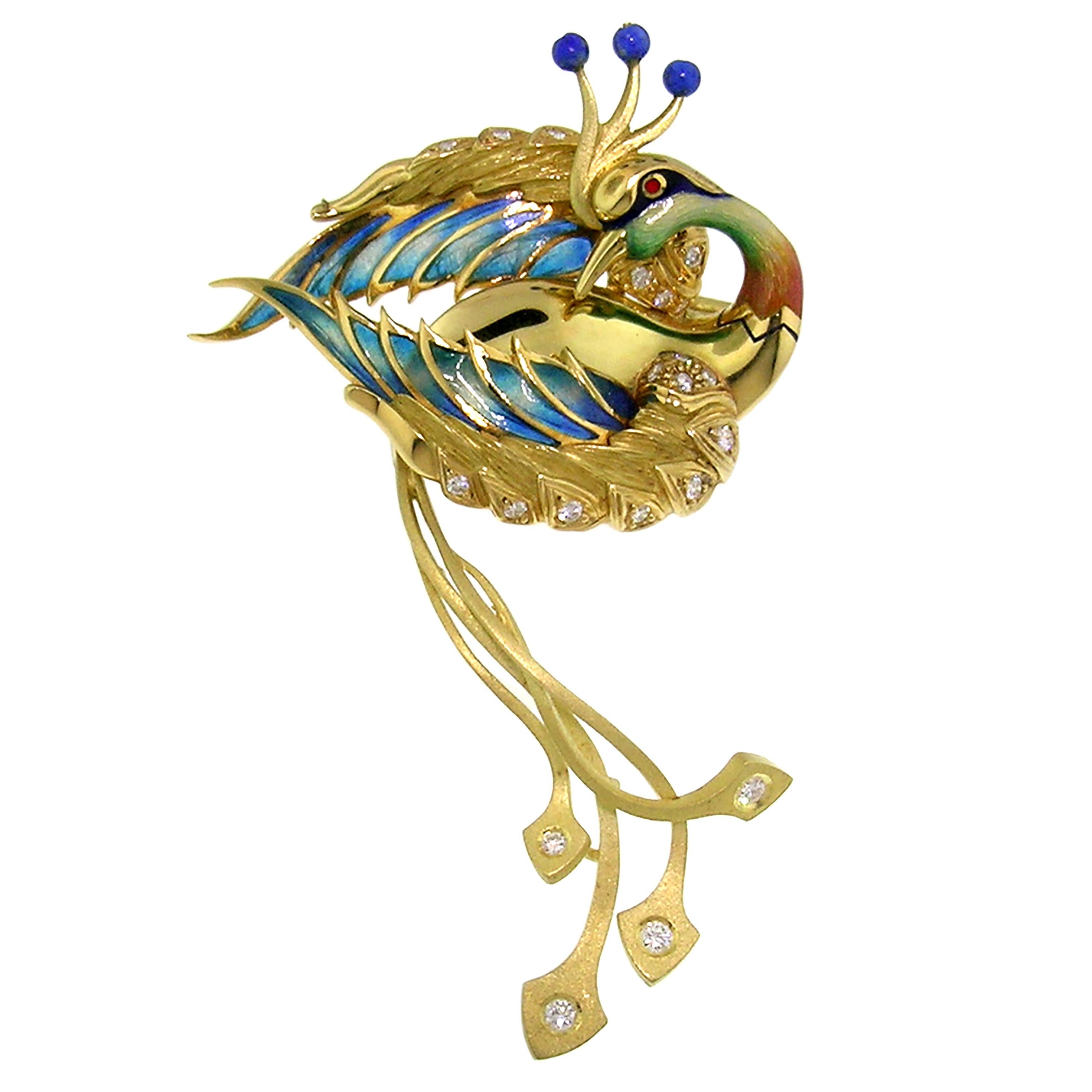 Antoni Farré “Bird of Paradise” 18kt and Plique a Jour Brooch, Handmade in Spain