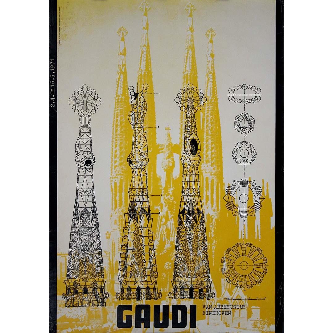 The 1971 exhibition poster for Antoni Gaudí at the Van Abbemuseum in Eindhoven captures the architectural genius of Gaudí and his iconic masterpiece, La Sagrada Familia. This design highlights the intricate and visionary elements that define Gaudí's