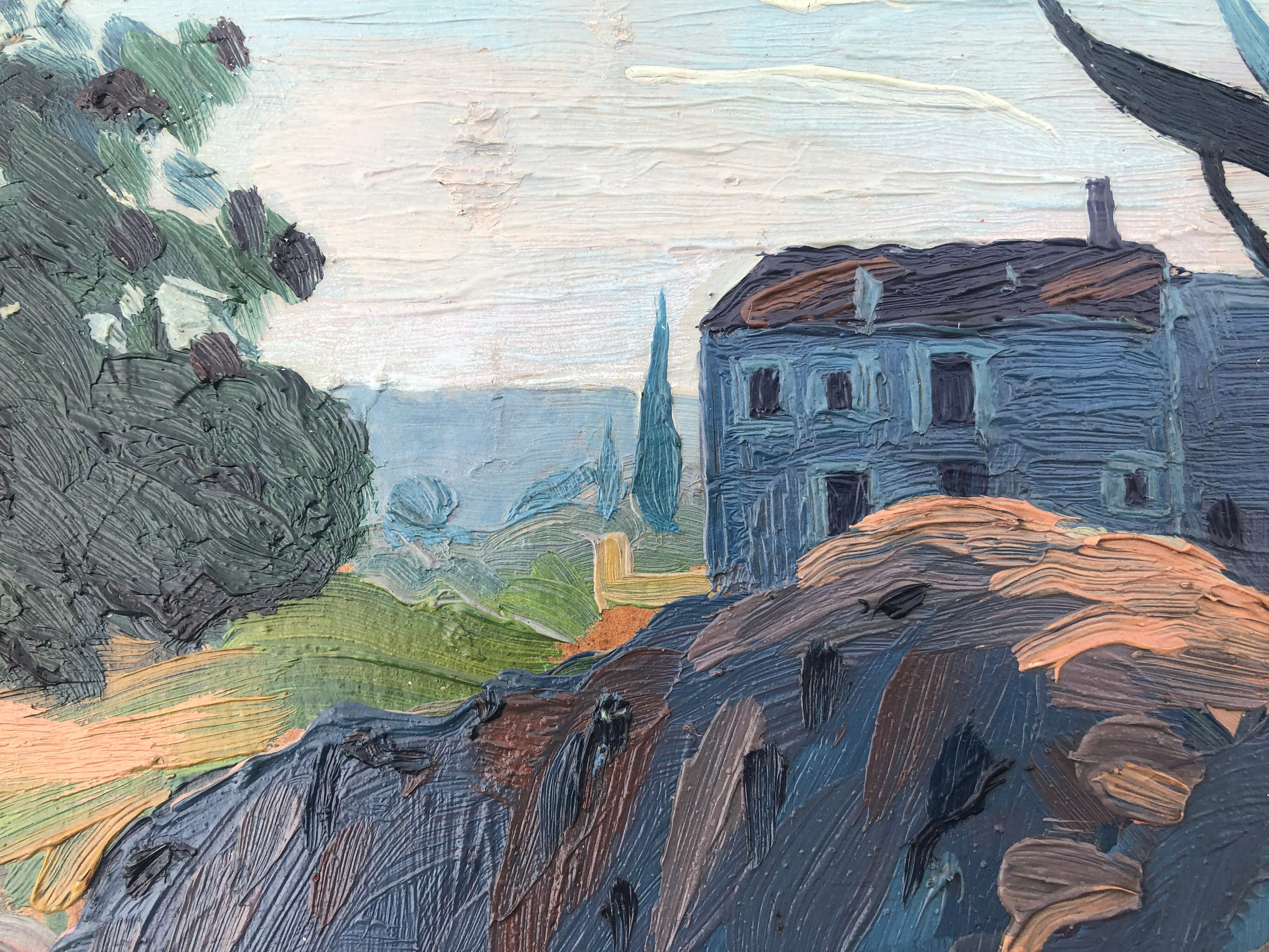 Catalan Landscape with Masia oil on board painting spain spanish eupean art - Black Figurative Painting by Antoni Llobet Aracil