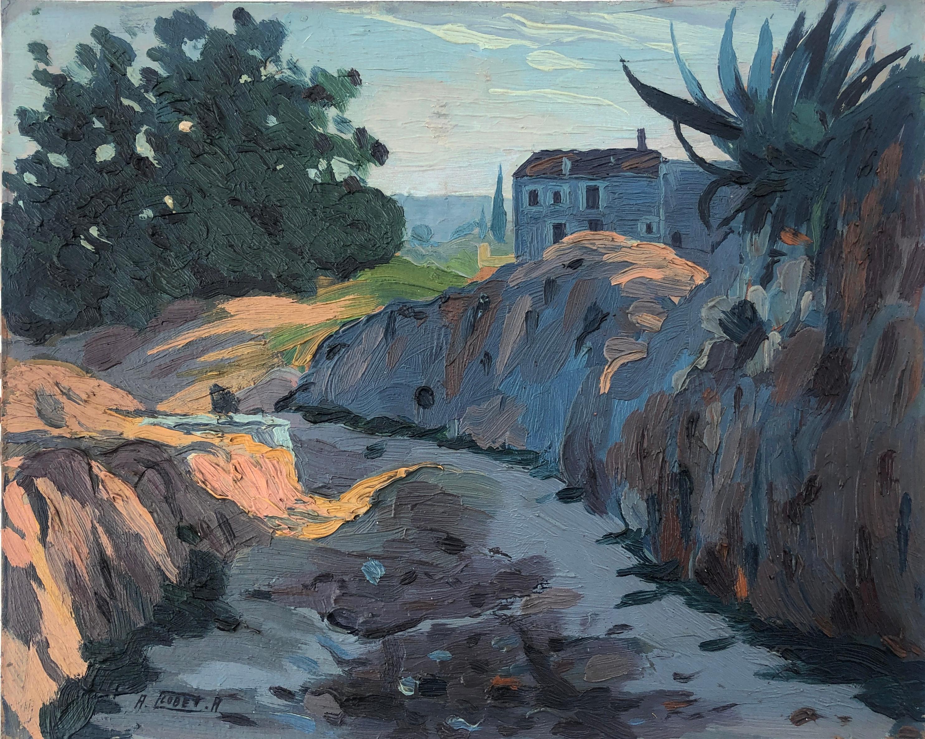 Antoni Llobet Aracil Figurative Painting - Catalan Landscape with Masia oil on board painting spain spanish eupean art