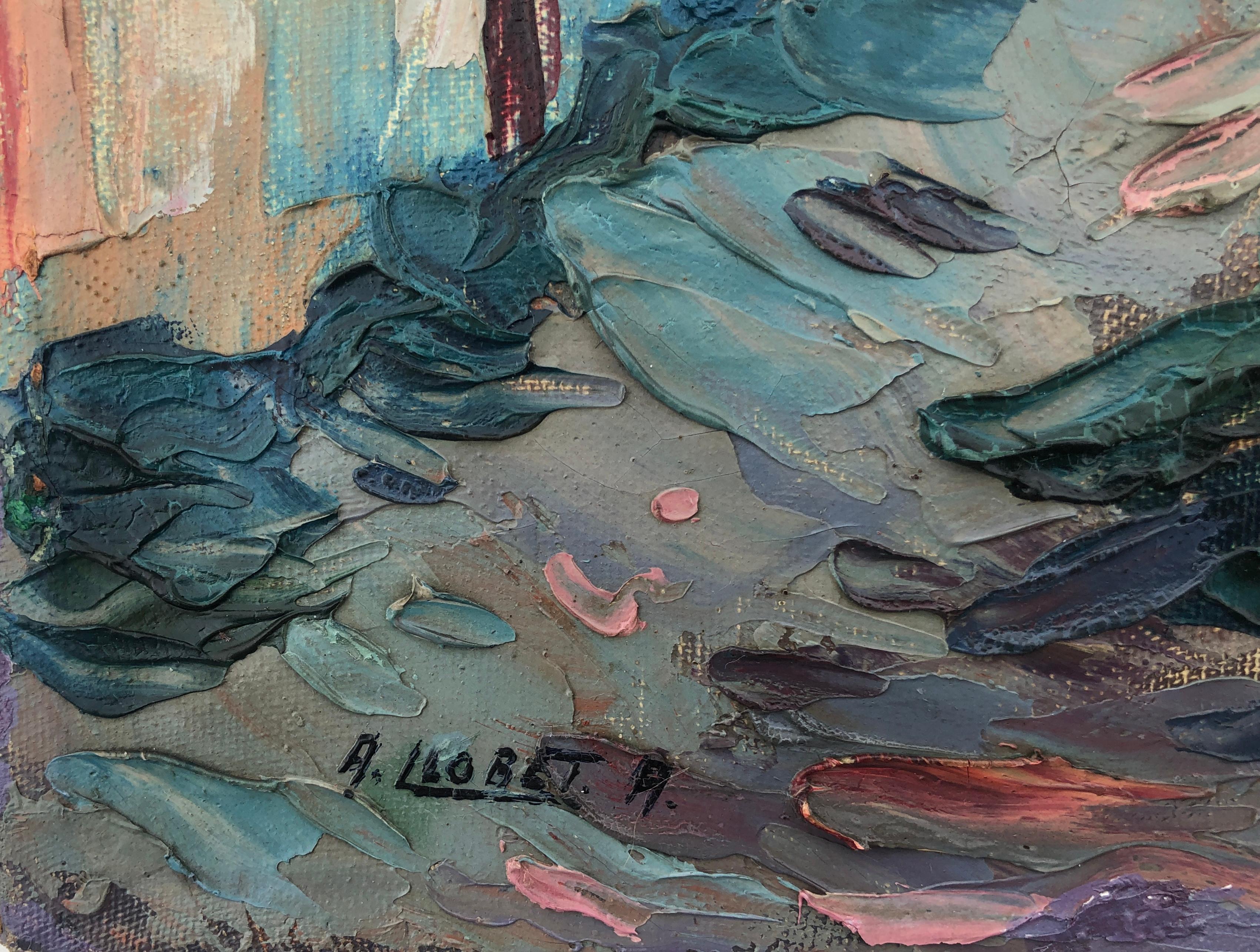 Paysage en mouvement huile sur toile peinture de ville méditerranéenne espagnole - Painting de Antoni Llobet Aracil