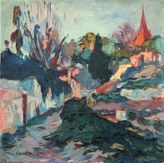 Paysage en mouvement huile sur toile peinture de ville méditerranéenne espagnole
