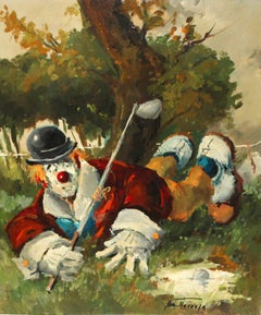 Payaso jugando al golf - Óleo sobre tela - Años 70-80