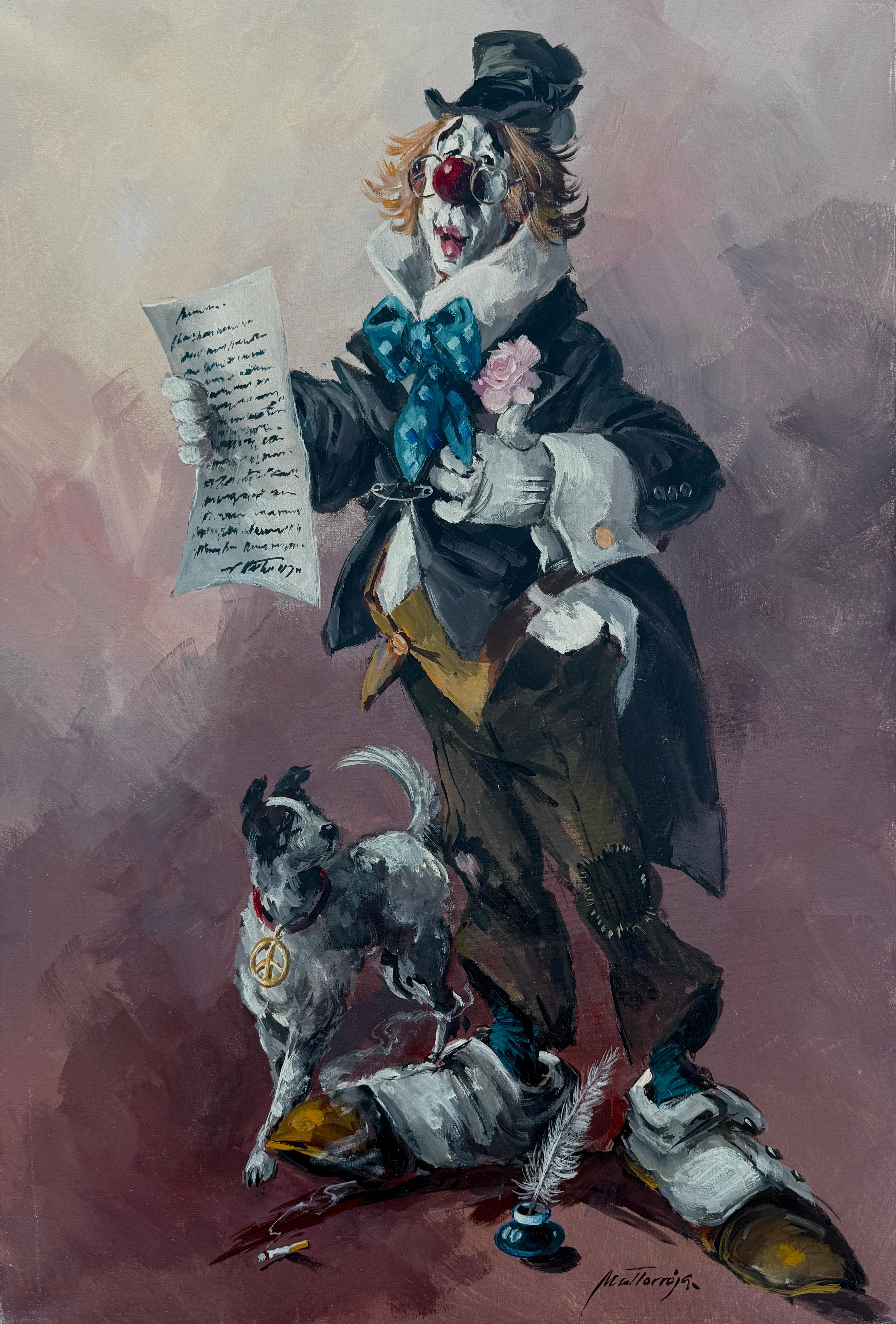 Expressionist Clown with Dog Oil Painting 1978, Surreal Figurative modern art