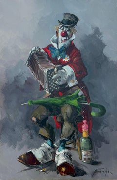 Melancholischer Clown mit Akkordeon Gemälde, Spanische Figurative Öl auf Leinwand 1978