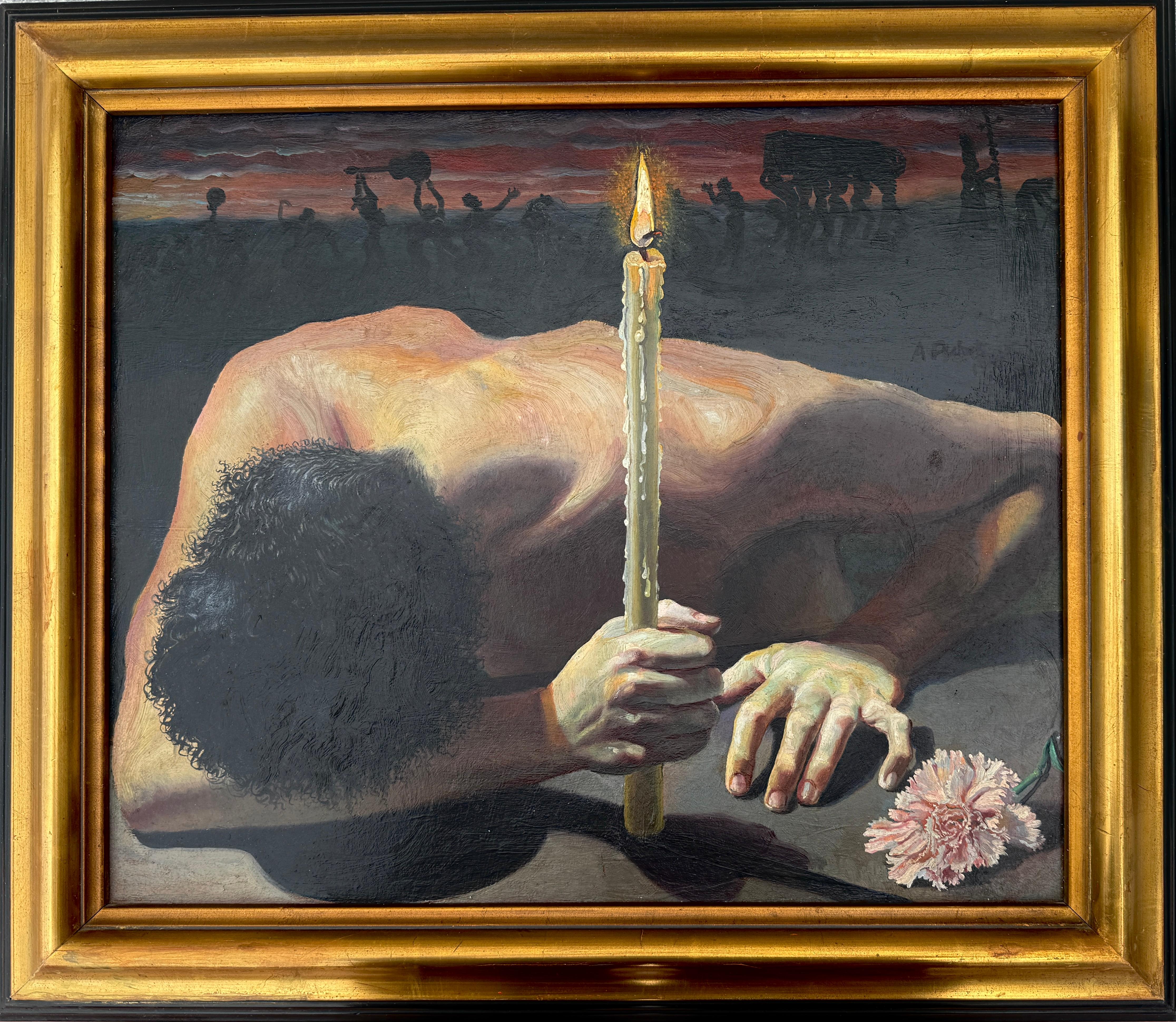 The Vigil oil on board painting - Painting by Antoni Pitxot