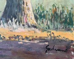 Impressionist Lakeside Landscape with Figures Catalan School Oil Painting 1980