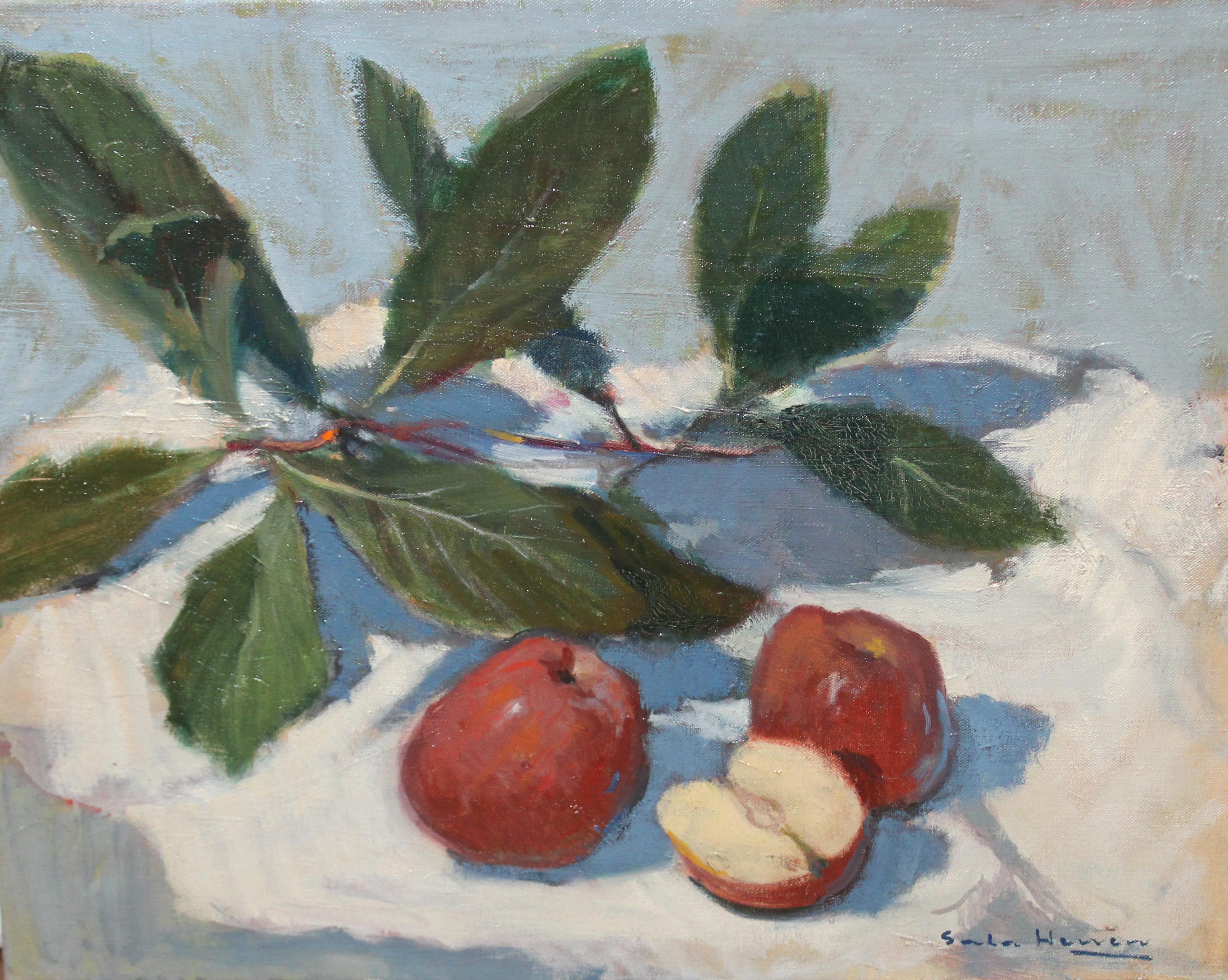 Still-Life Painting de Antoni Sala Herrero - Naturaleza muerta con manzanas, pintura al óleo sobre lienzo, firmada, sin enmarcar, década de 1970